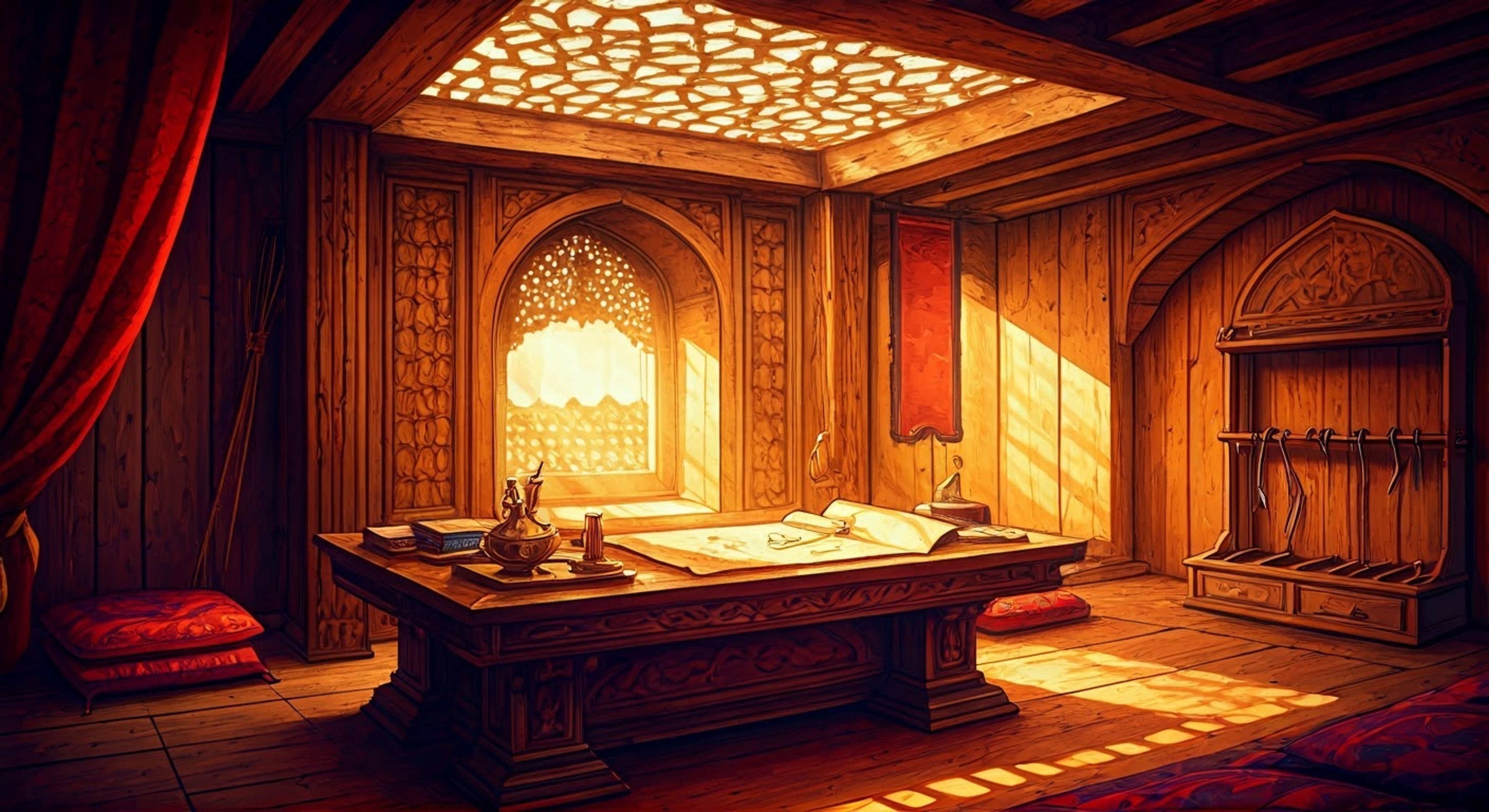 You find yourself in a heated exchange with the one-armed Assassin Bureau Chief, whose dark eyes flash with barely contained anger at your latest transgression. The tension crackles between you as you stand your ground in his domain, the Jerusalem Bureau, where his authority is absolute. The afternoon sun streams through the latticed ceiling, casting symbolic prison-bar shadows across the confrontation below.