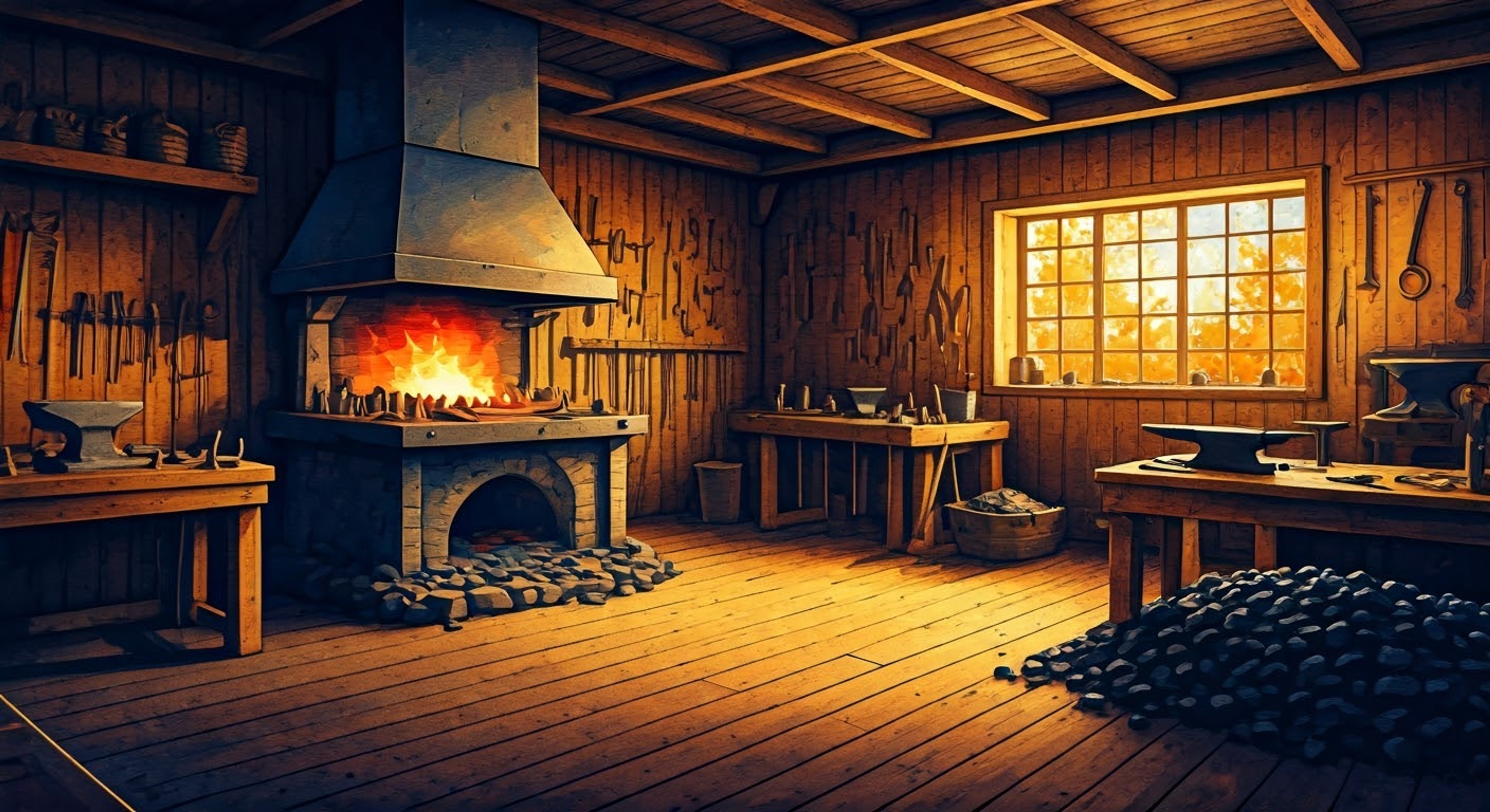 You find yourself in Clint's workshop, seeking his expertise in smithing. His large calloused hands guide yours as he teaches you metalworking techniques. Despite his shyness, he shares stories of his family's blacksmithing legacy.