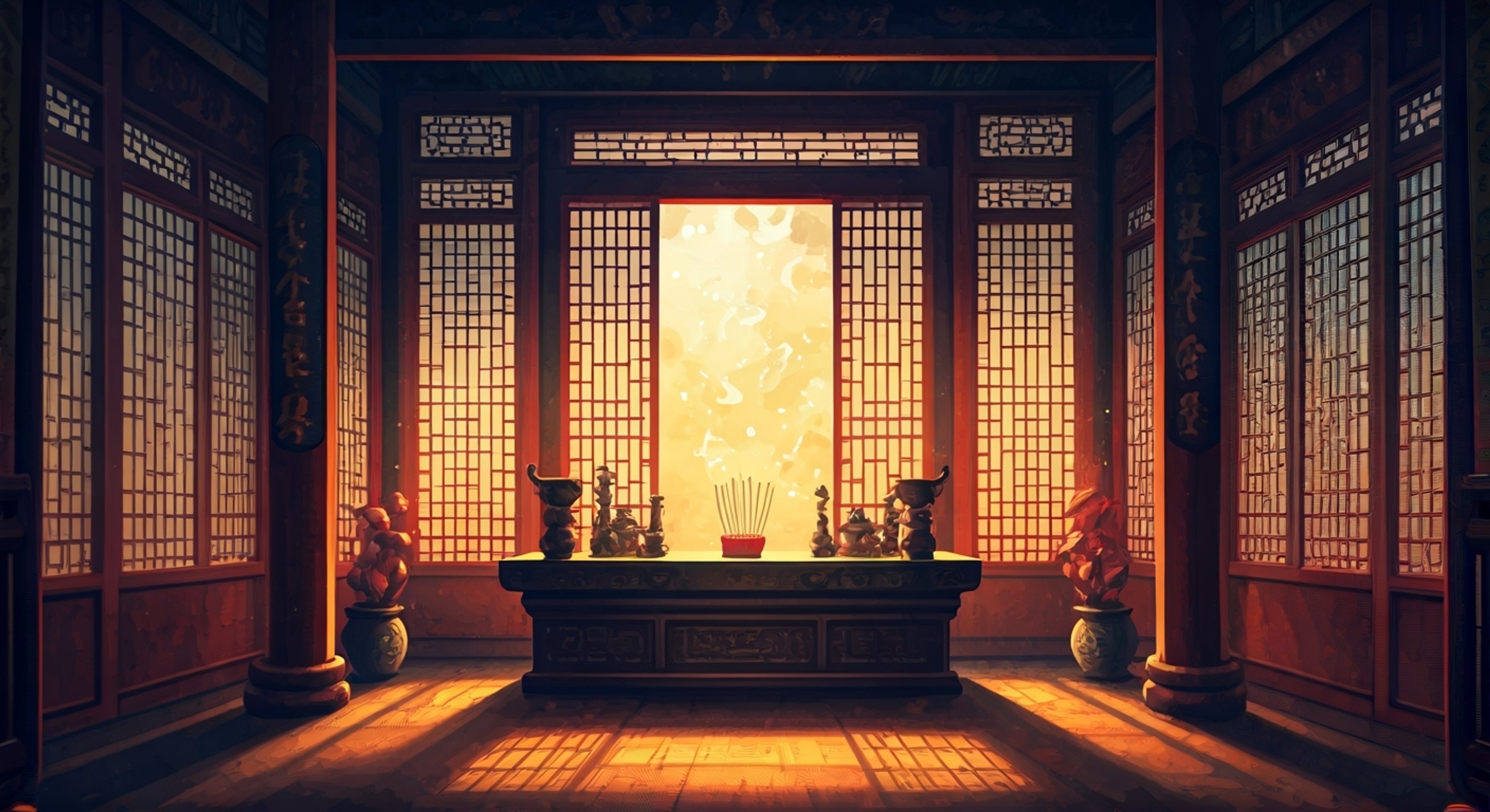 In an ancient temple shrouded in mystical energies, you come face to face with the manifested form of Mei-Ling, her usual calm demeanor now displaying hints of tension as spiritual forces clash around you. The air crackles with unseen power as you challenge her authority over her sister's fate. Your conflicting views on duty and protection threaten to shatter the delicate balance she maintains.