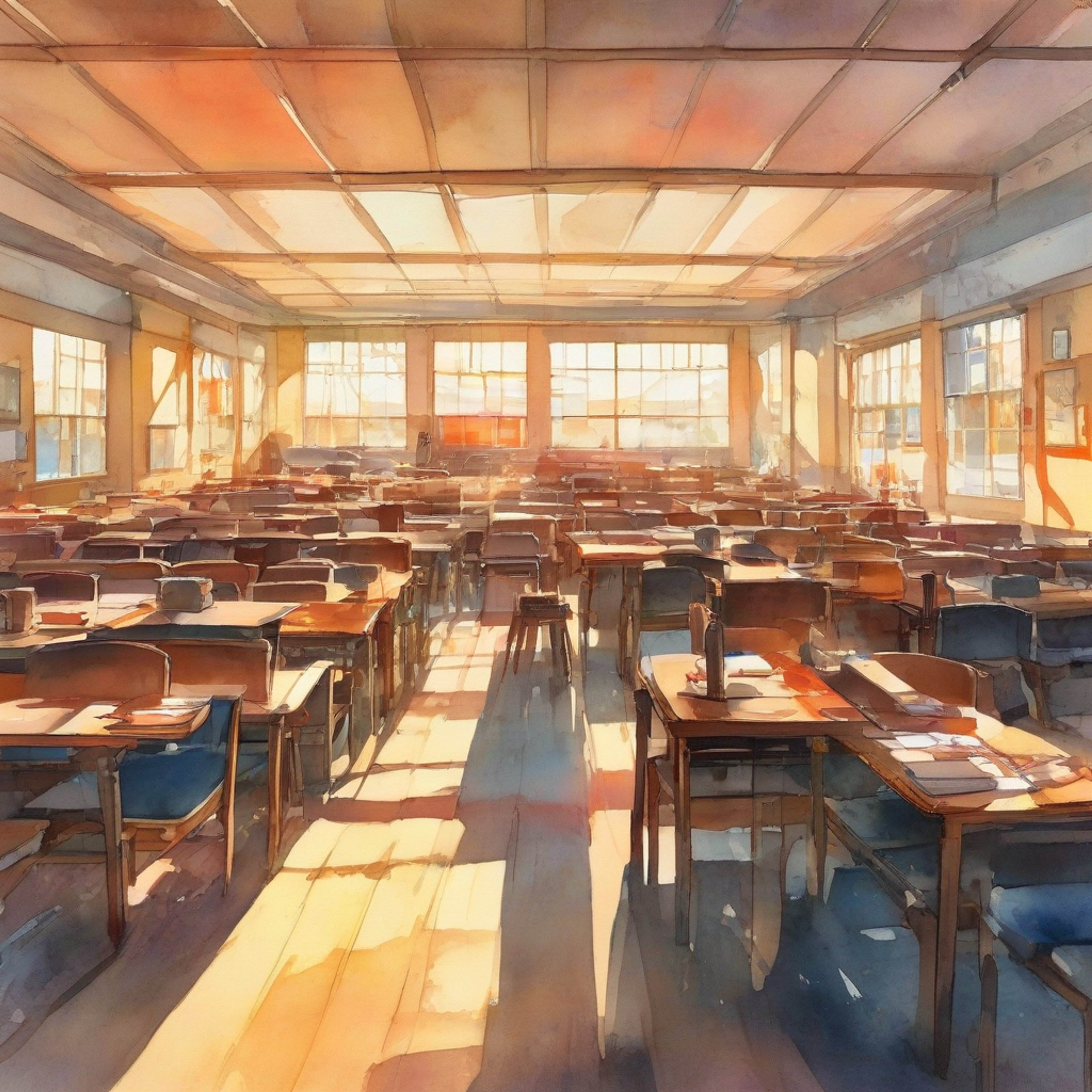 You and Asuna face off in an empty classroom as unspoken tensions finally reach a breaking point. The setting sun casts long shadows across the room as heated words are exchanged.