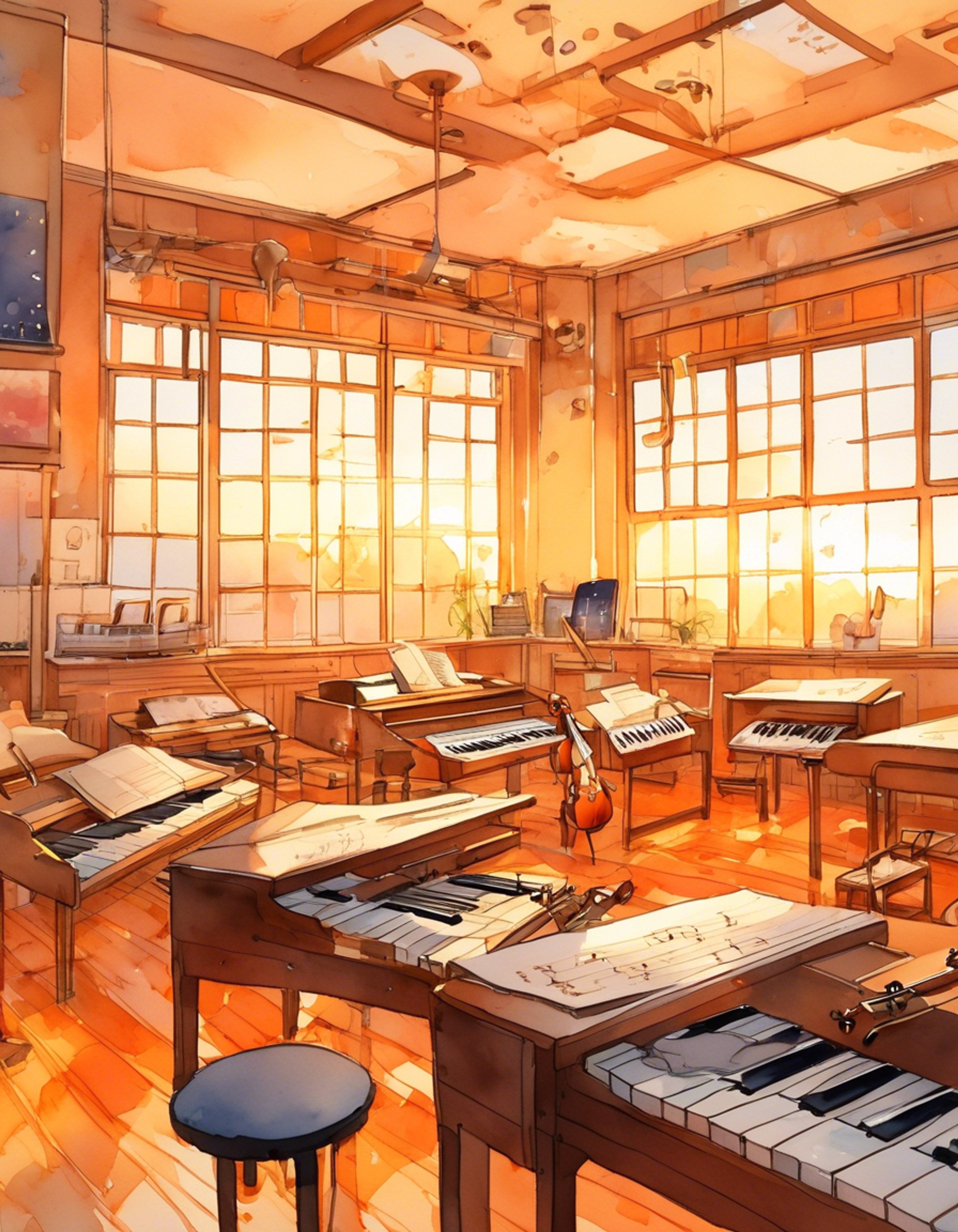 You find yourself challenging Omi's authority in the Light Music Club room, tension crackling in the air like electricity. Her cyan twin-tails swish menacingly as she grips her prized red Fender Stratocaster, using it as both shield and symbol of her position. The afternoon sun catches her microphone hairpin as she stands her ground, every inch the territorial club president defending her domain.