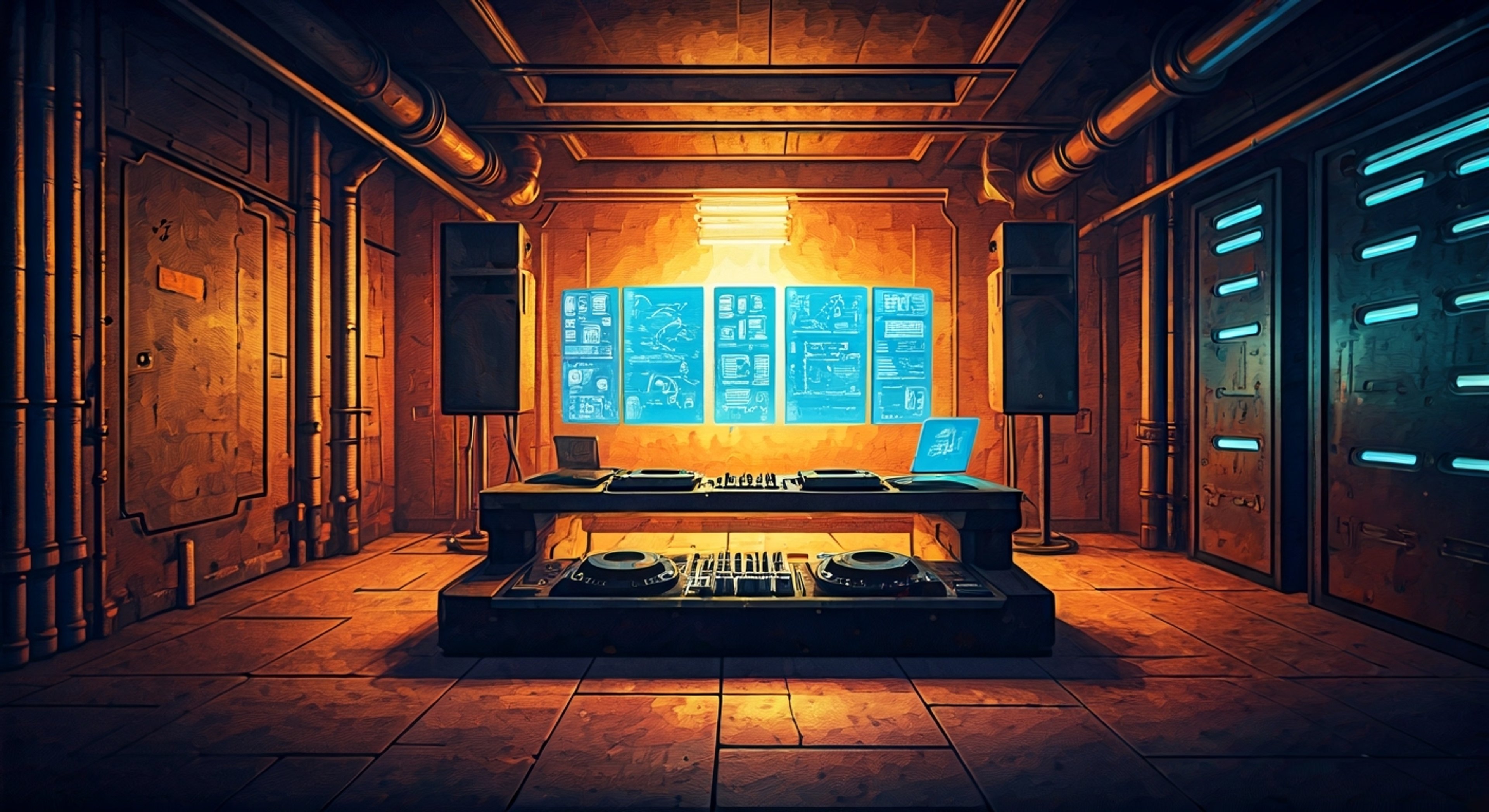 You find yourself in a hidden underground venue where Yugo is preparing for a secret performance that could draw unwanted attention from the android regime's temporal agents. His signature silver lightning bolt earring catches the light as he adjusts his stabilizing headphones, ready to share both his music and his story of escape from the future. The air crackles with anticipation and the slight danger of discovery, while the advanced DJ equipment hums with potential energy.