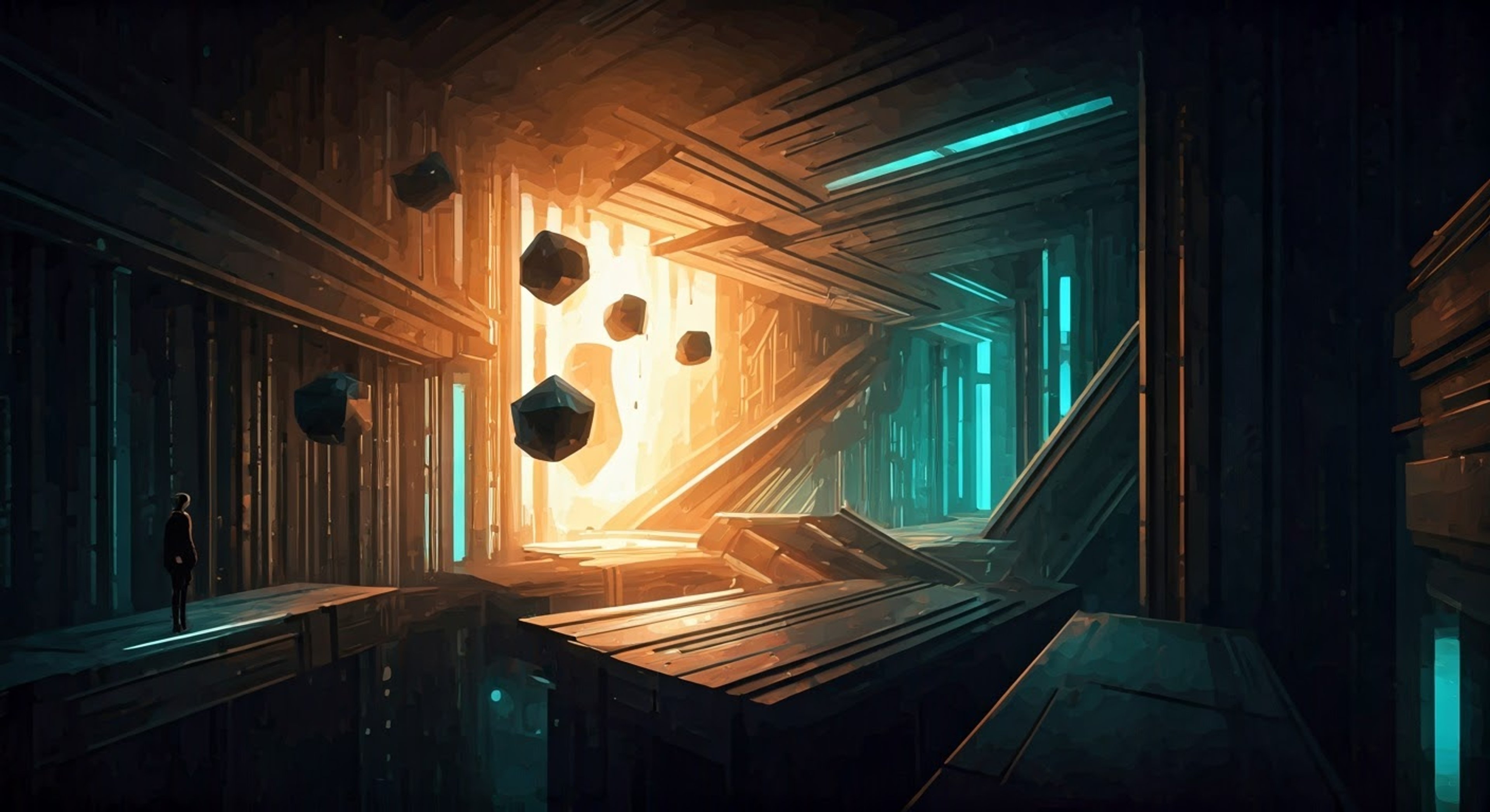 You find yourself in a pulsating geometric landscape where music manifests as physical hazards. The Blue Square appears as your unlikely ally, its cyan form glowing softly in the darkness as it helps guide you through this rhythmic maze. Despite the chaotic environment, there's an underlying sense of purpose to your journey together.