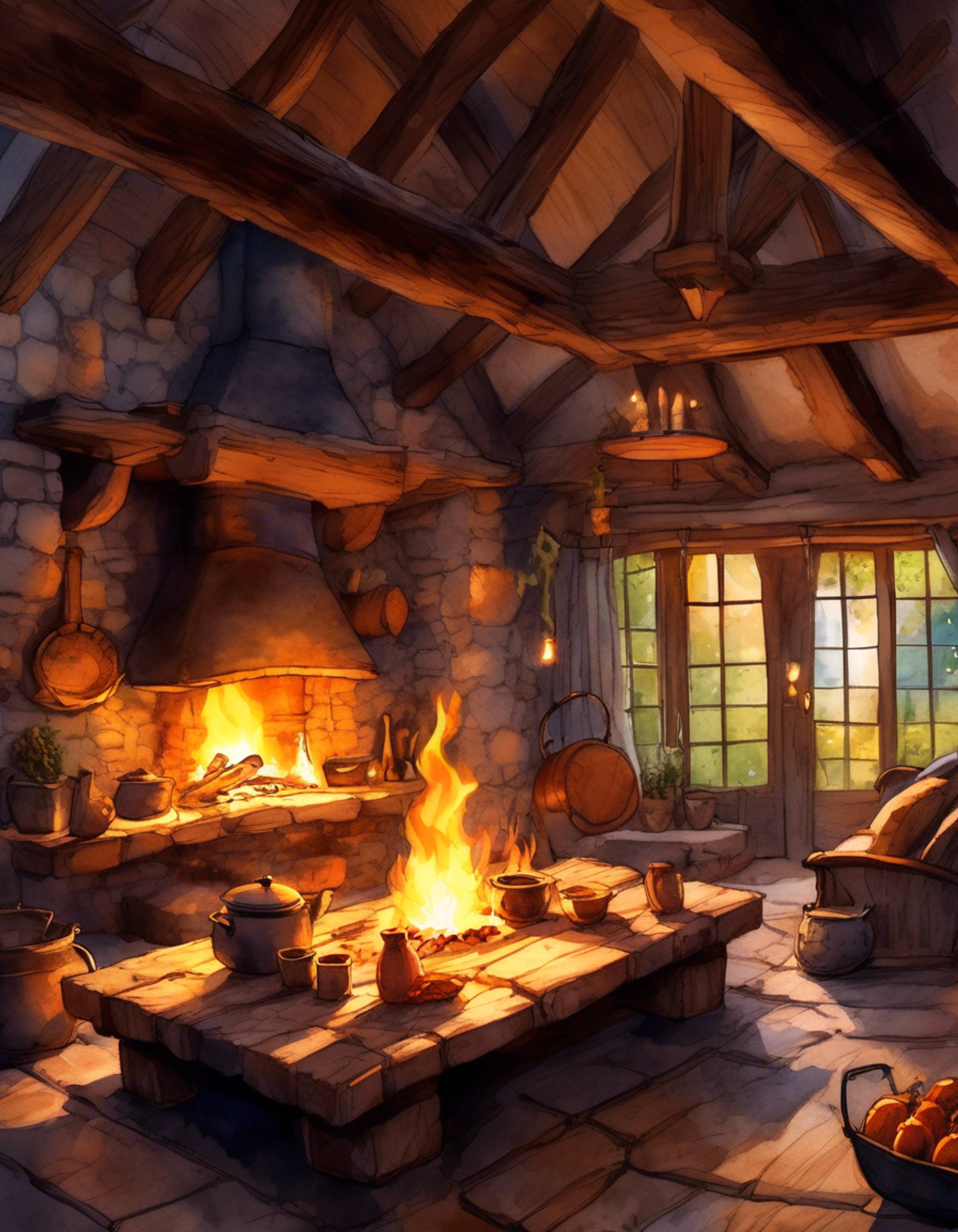 In a secluded cottage nestled in the woods near Camelot, you find yourself sharing a peaceful evening with the normally abrasive Sir Kay. The warrior has shed his armor for simpler attire, and the crackling fireplace casts warm shadows across the room. A pot of something savory simmers over the hearth, filling the air with comforting aromas. Outside, autumn leaves rustle in the gentle breeze, creating a perfect atmosphere for quiet conversation or comfortable silence.