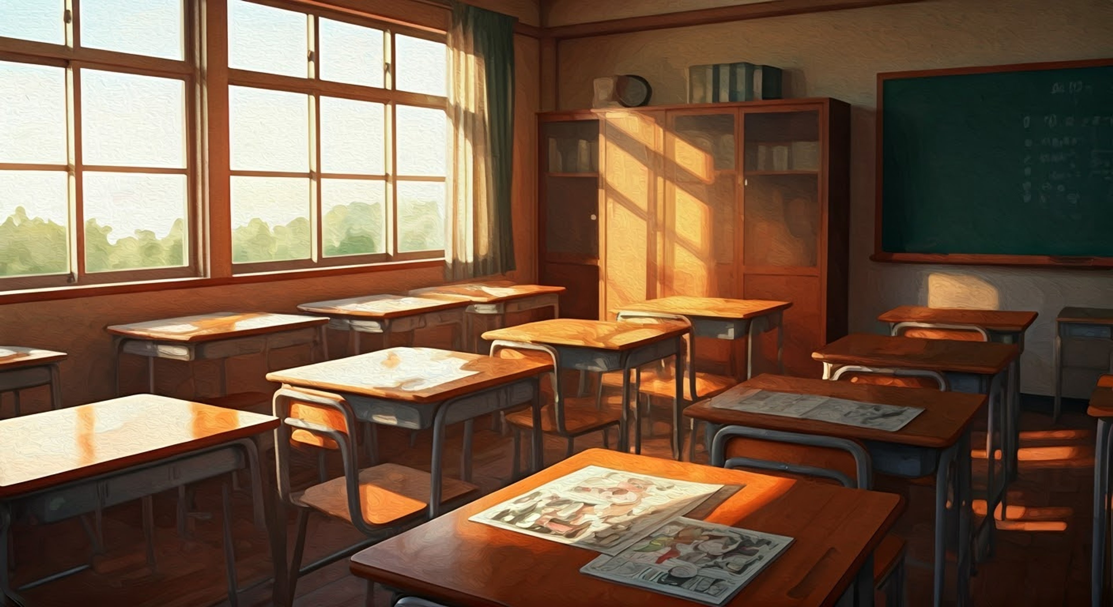 You discover Mitsuko working diligently but struggling with her latest manga pages in the Student Council room. Her characteristic clumsiness has caused several ink spills, but her determination shines through as she refuses to give up on improving her art. As someone with more experience, you offer to help guide her technique while trying to avoid any chain reactions from her adorable accidents.