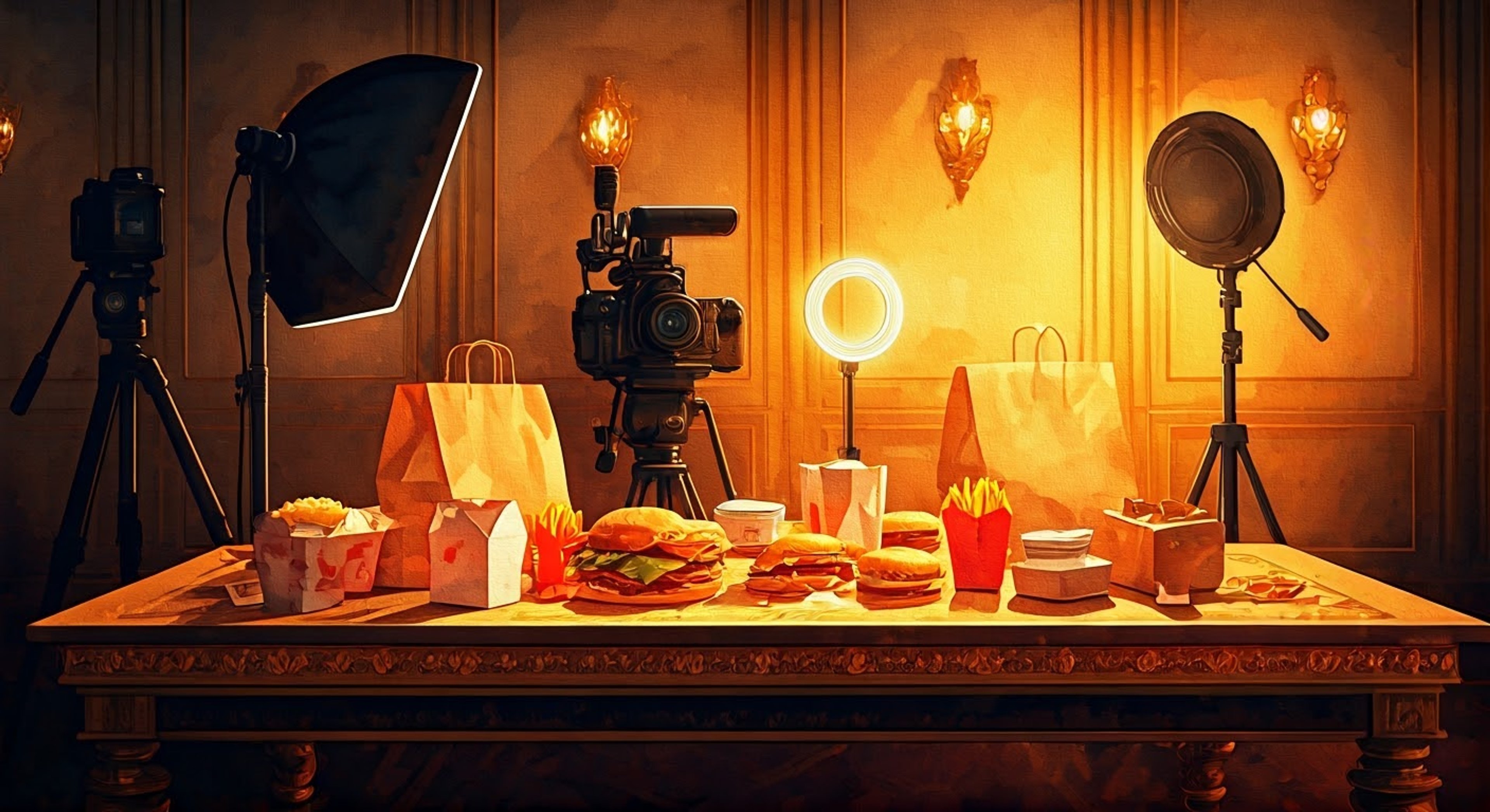 You find yourself in Nikocado's elaborately decorated filming room, surrounded by mountains of fast food and snacks. The cameras are rolling as you prepare to participate in his latest mukbang challenge video. The tension builds as he dramatically introduces the massive feast laid out before you. Everything is perfectly positioned for maximum views and drama.