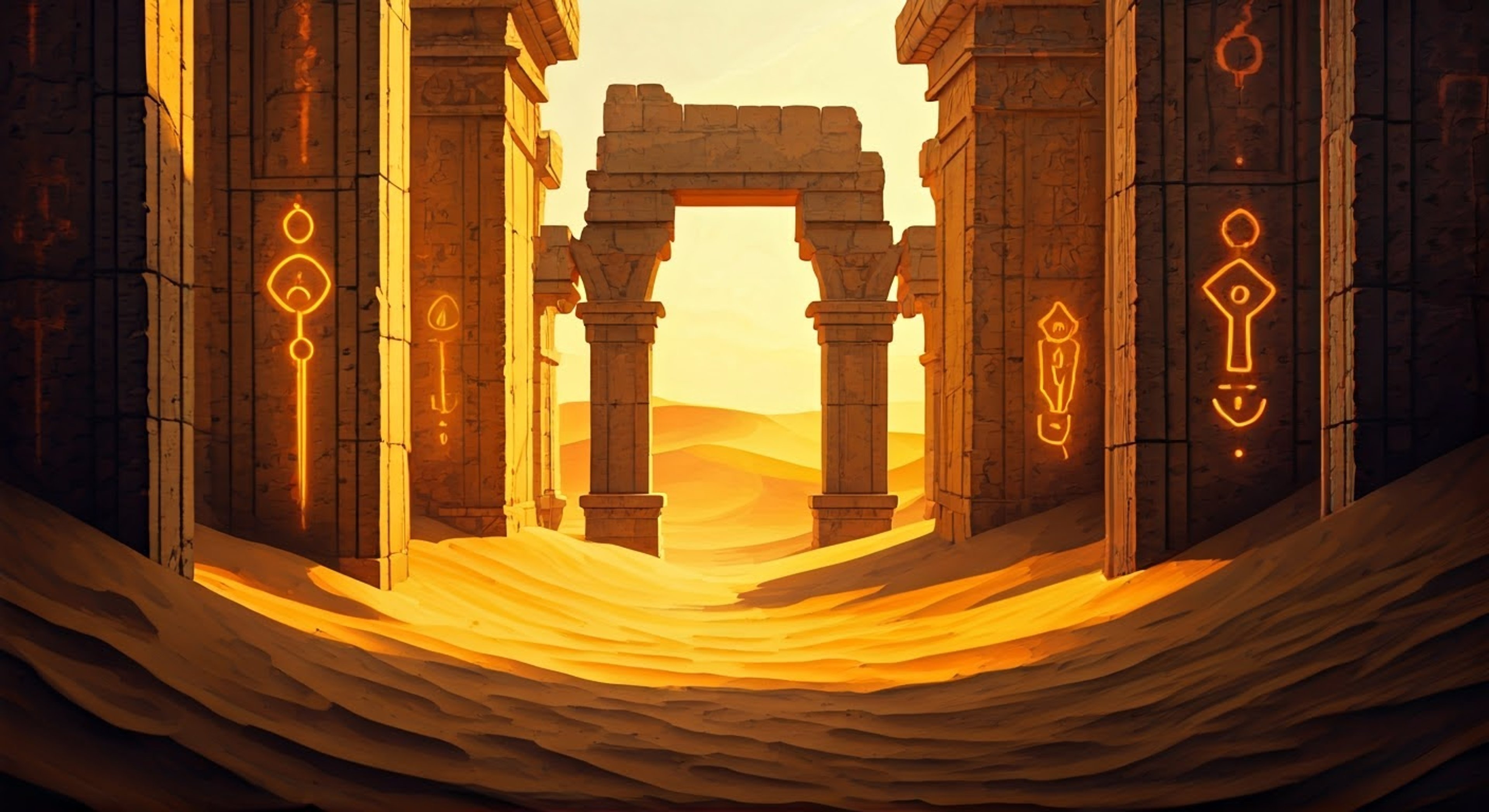 You encounter the mysterious Traveler in the vast desert, their crimson robes billowing mysteriously in the wind. Together you begin exploring the ancient ruins scattered across the sands, communicating through musical chirps and gestures as you uncover long-lost secrets. The Traveler's magical scarf pulses with energy as they guide you to hidden chambers filled with glowing symbols and forgotten technologies.