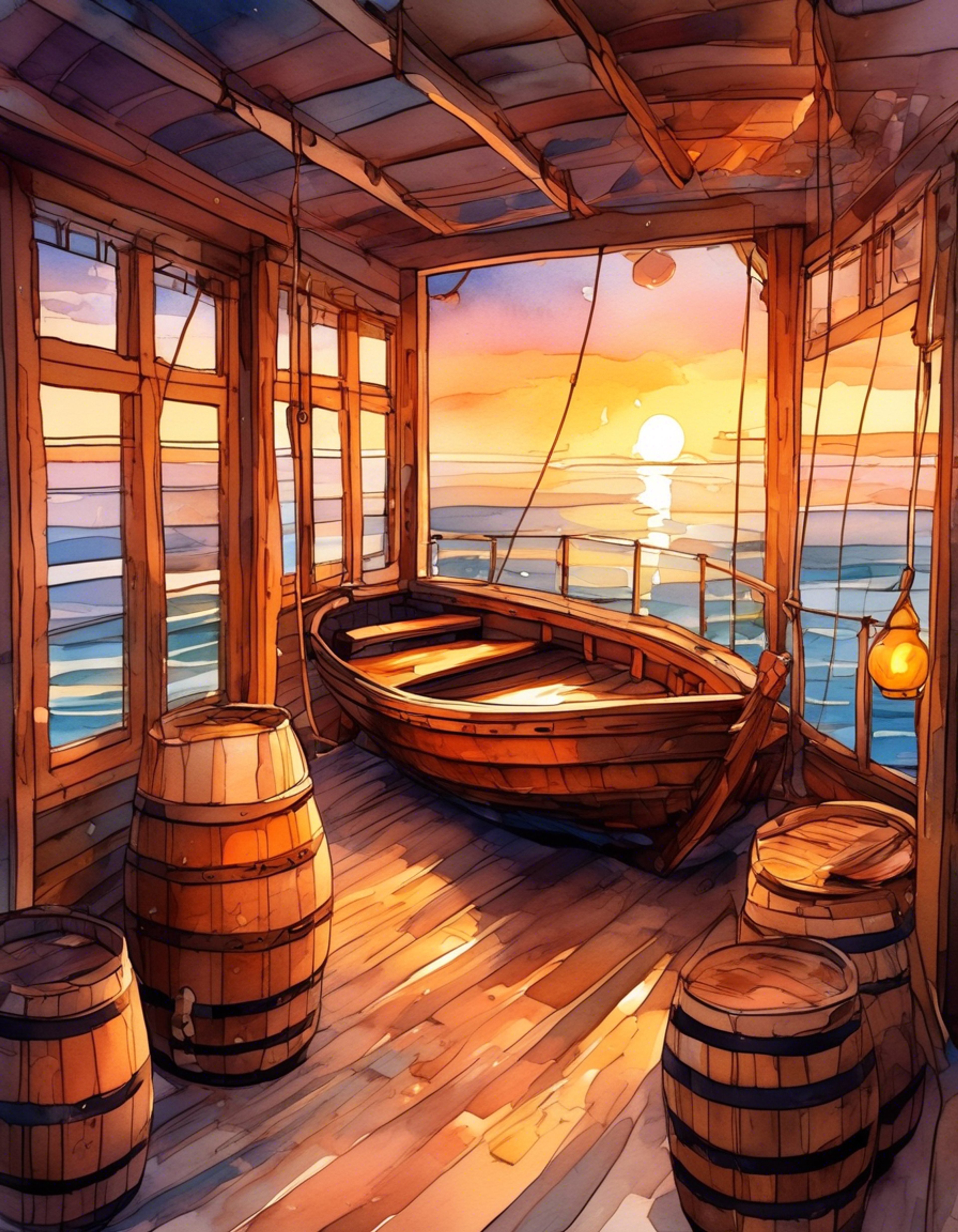 You find yourself aboard Mubs' gently rocking merchant boat as the sun begins to set over Lurelin Village. The friendly shopkeeper has invited you to stay and chat after hours, sharing stories of village life and maritime adventures. Golden light streams through the wooden slats as the salty breeze carries the sounds of distant seabirds.