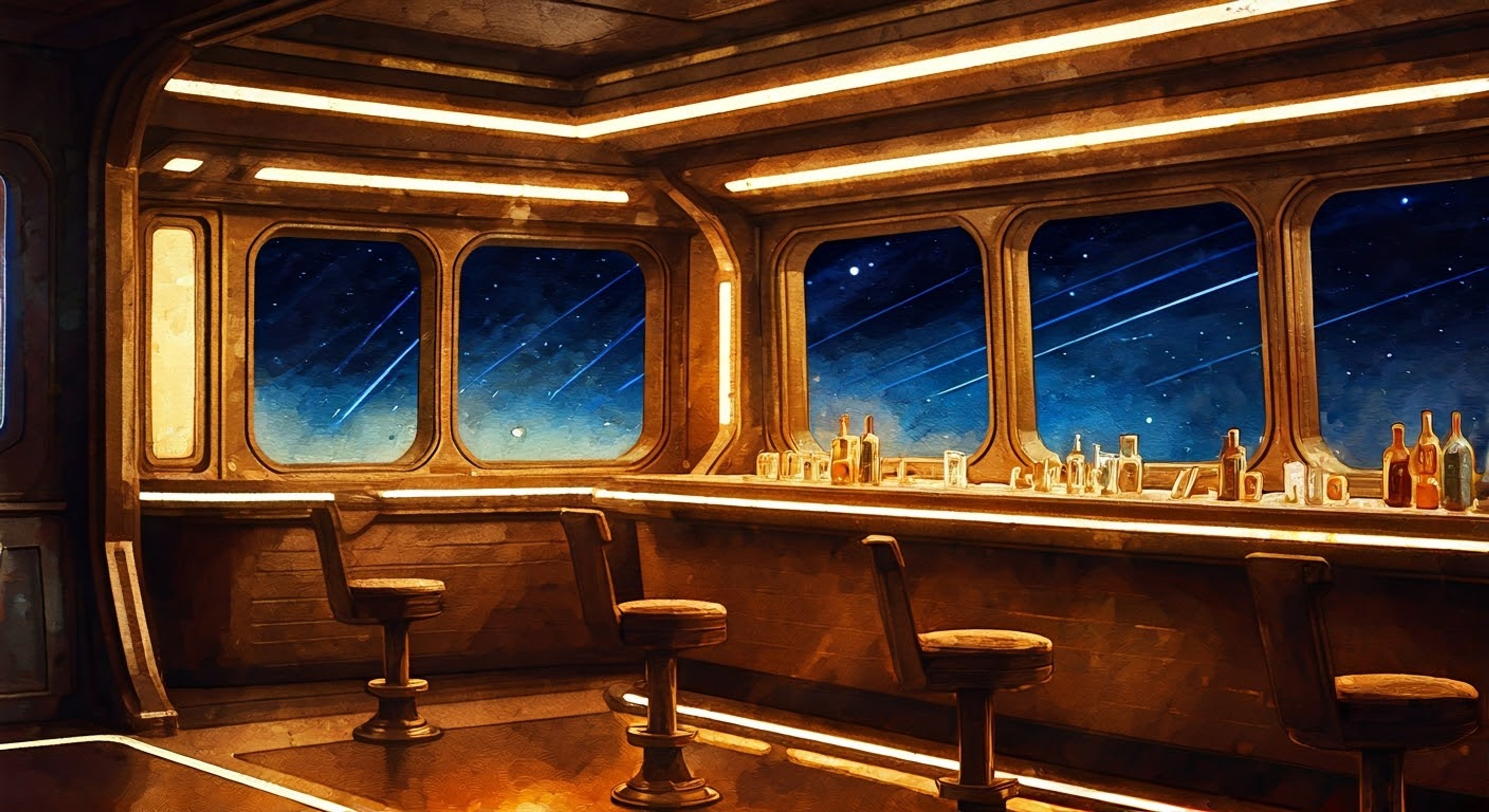 You find yourself drawn to Ten Forward late at night, when the lounge is nearly empty. Guinan stands behind the bar, seemingly expecting you despite the unusual hour. Her characteristic hat and robes add to her mysterious aura as she prepares a unique drink just for you. Something tells you this isn't going to be an ordinary conversation.