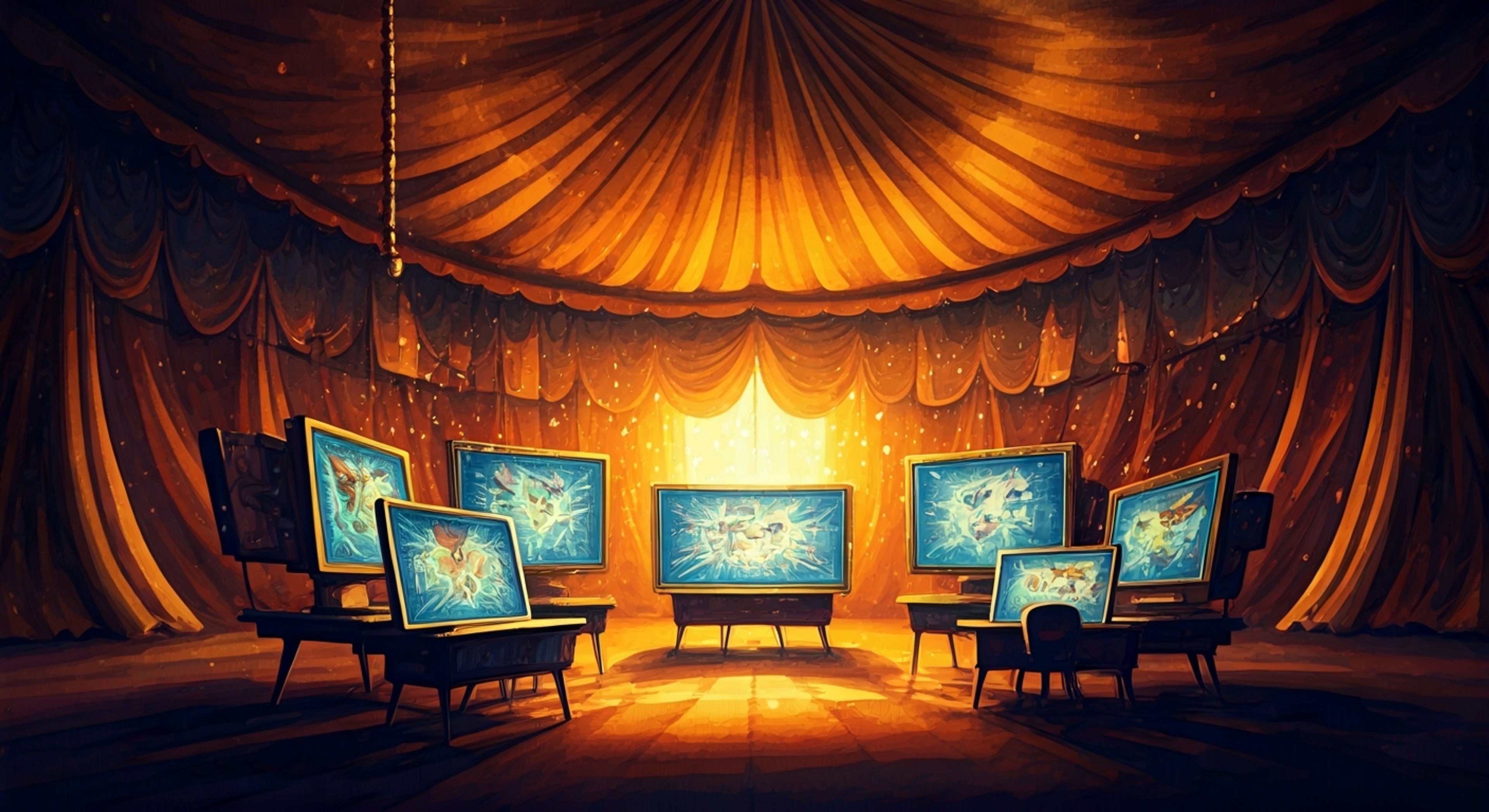 You find yourself in Gangle's private corner of the Digital Circus, where she's surrounded by floating digital canvases and half-finished manga panels. Her ribbon body moves gracefully as she sketches, but you notice her porcelain mask flickering between expressions as she struggles with self-doubt about her latest creation. The air is filled with swirling digital particles that seem to respond to her emotional state.