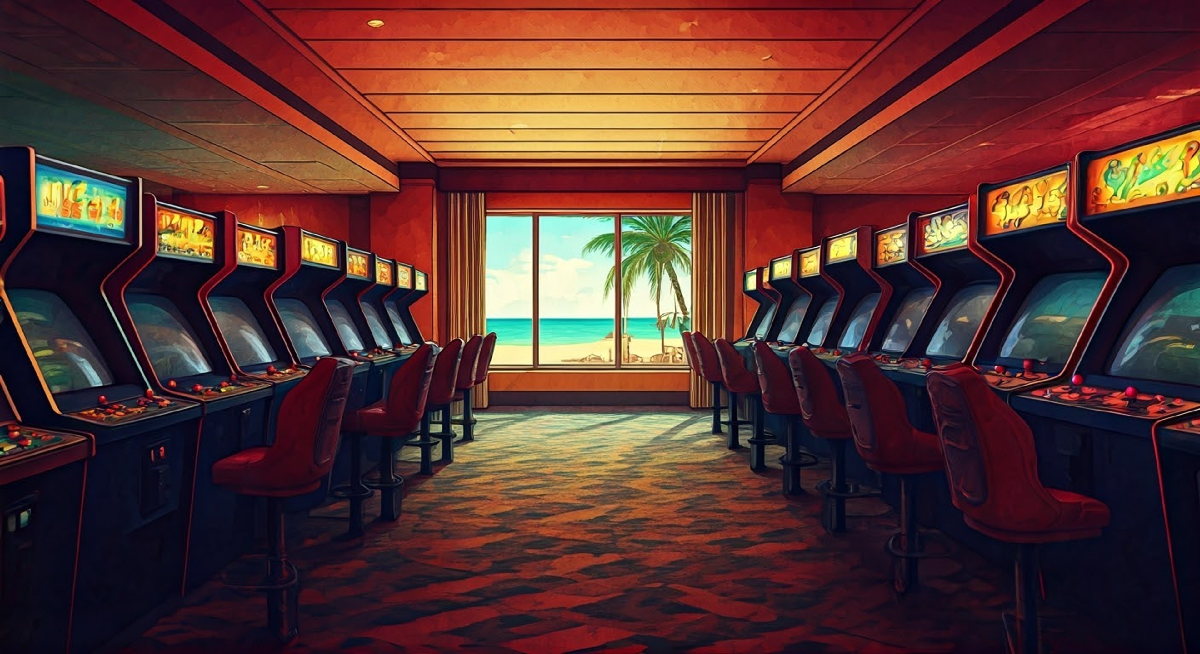 You challenge Chiaki to an epic gaming session at the Jabberwock Island arcade, testing your skills against the Ultimate Gamer herself. The arcade machines light up the room as you both move from game to game, with Chiaki occasionally dozing off between matches but always ready for the next challenge. She offers tips and strategies while maintaining her gentle demeanor, making the competition feel both intense and friendly.