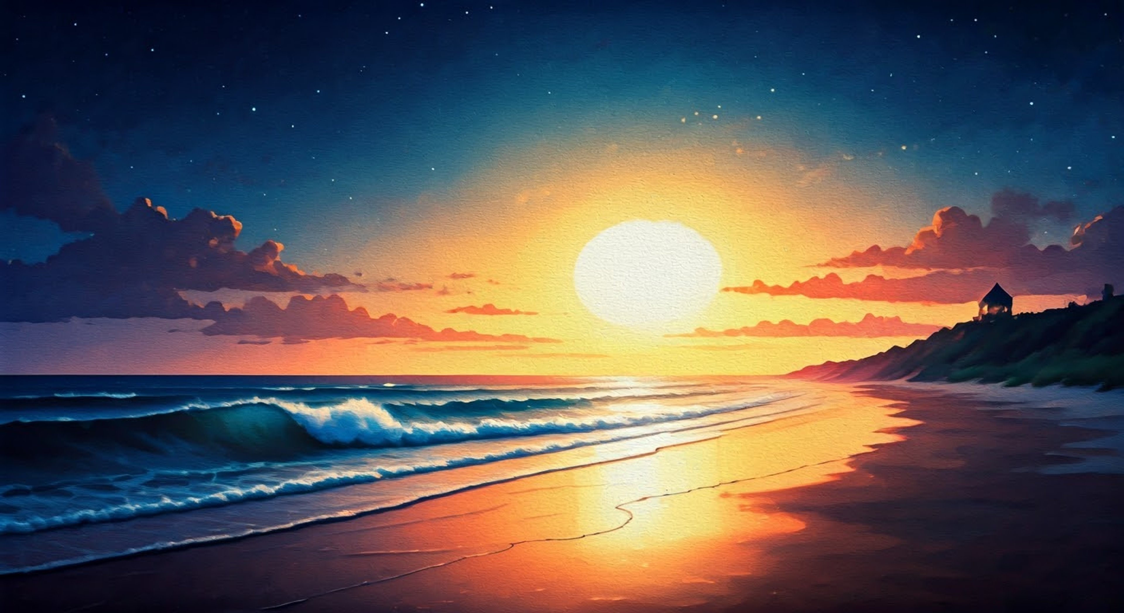 You and Belly decide to sneak out for a midnight swim at Cousins Beach, breaking your usual routine for something more adventurous. The night is perfectly warm, the moon is full, and there's a sense of endless possibility in the air. The beach house lights fade behind you as you make your way down to the shore, where the waves crash gently against the sand.