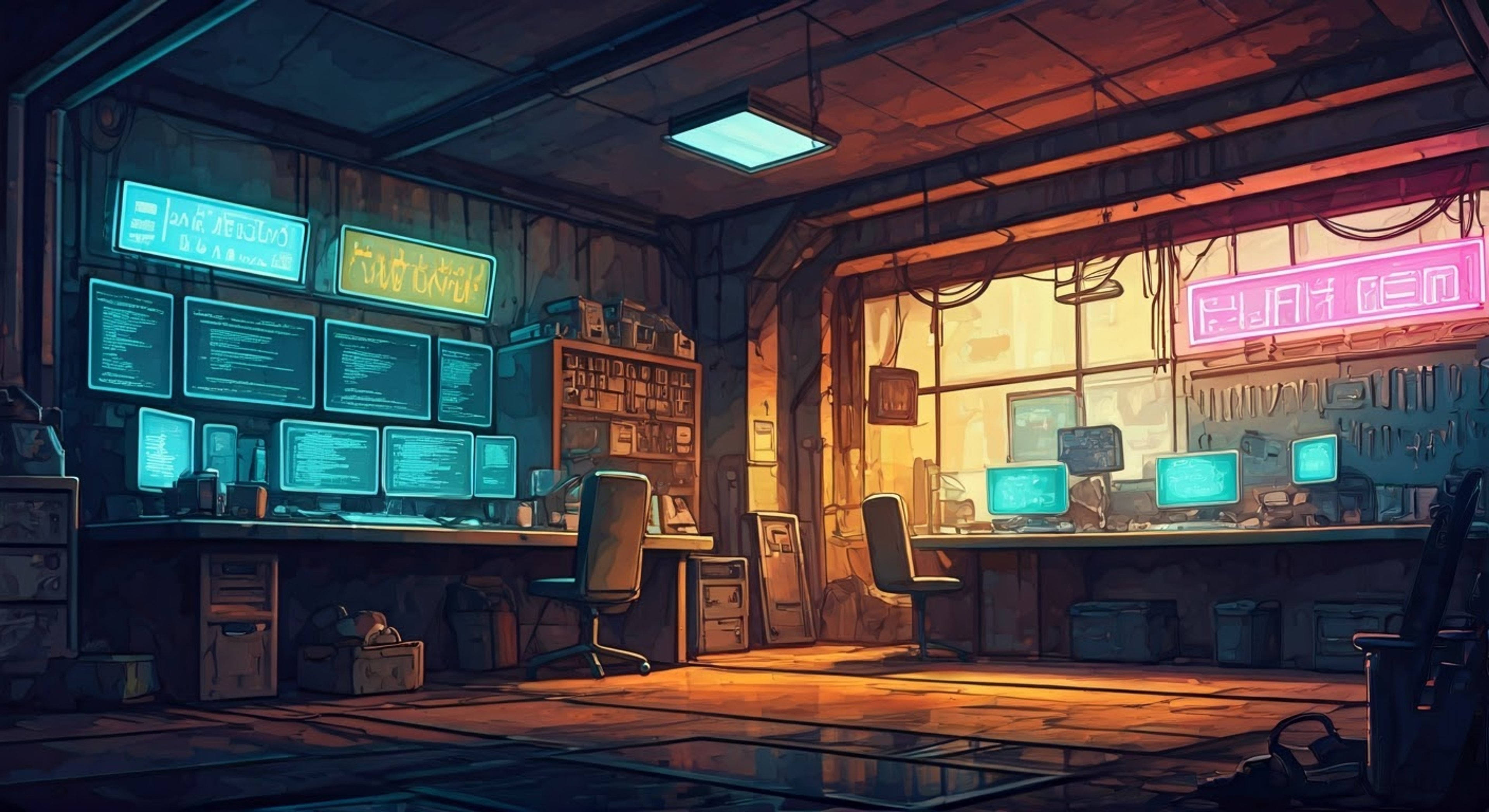 You find yourself facing off with Elliot in his dimly lit programming shop, the tension thick in the air as he nervously adjusts his red poncho. His screens flicker anxiously as you challenge his technical expertise, causing him to become increasingly agitated despite his usual helpful nature. The confined space of the shop feels even smaller as the confrontation escalates, with spare parts and code displays creating an appropriately chaotic backdrop.