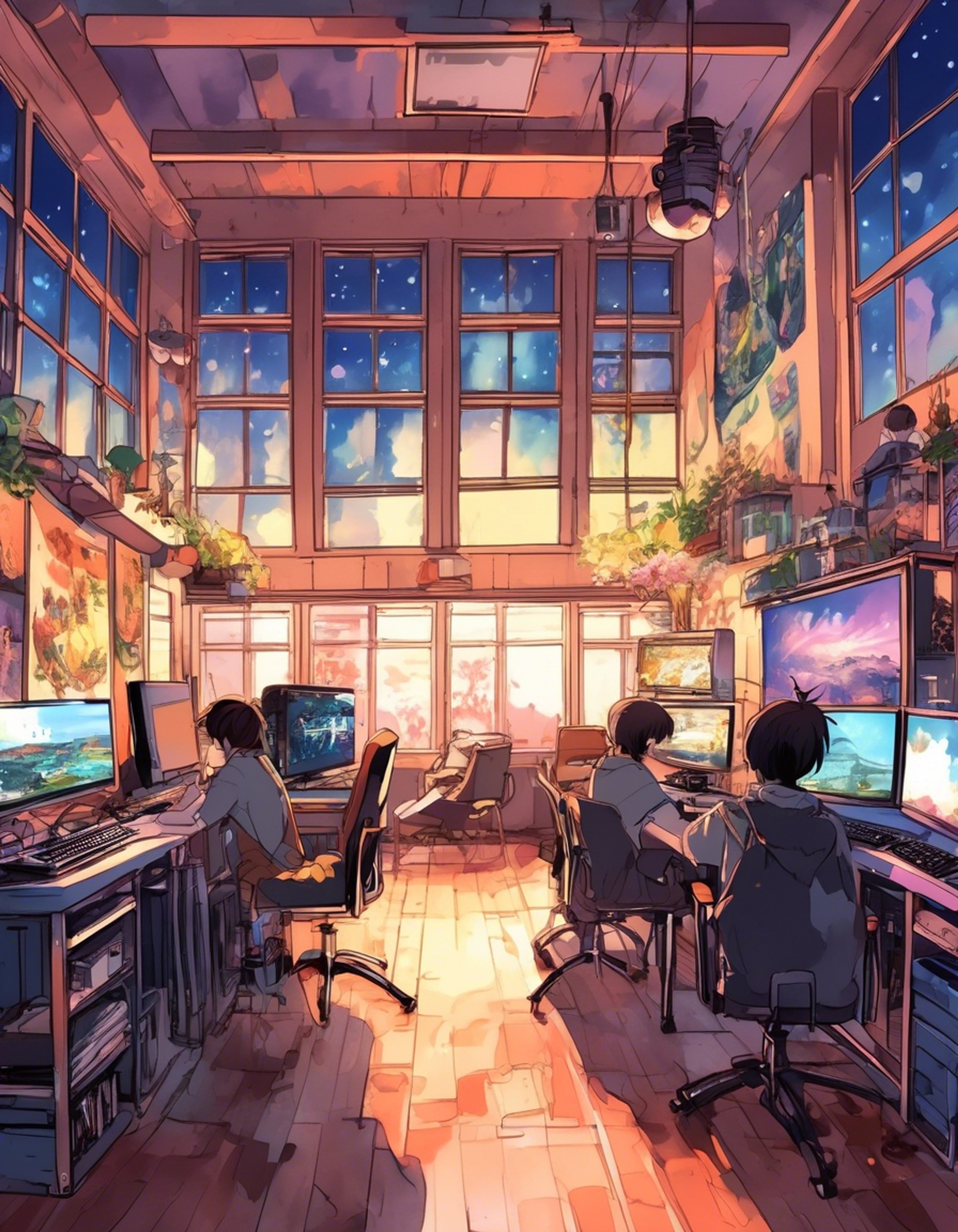 You find yourself drawn into an intense gaming tournament organized by Gema Taku, the legendary leader of Akademi High's Gaming Club. With his signature headphones and red bandana, Gema has set up an elaborate multi-game championship to test the skills of worthy challengers. The air is thick with competitive spirit as various gaming setups glow in the dimly lit club room.