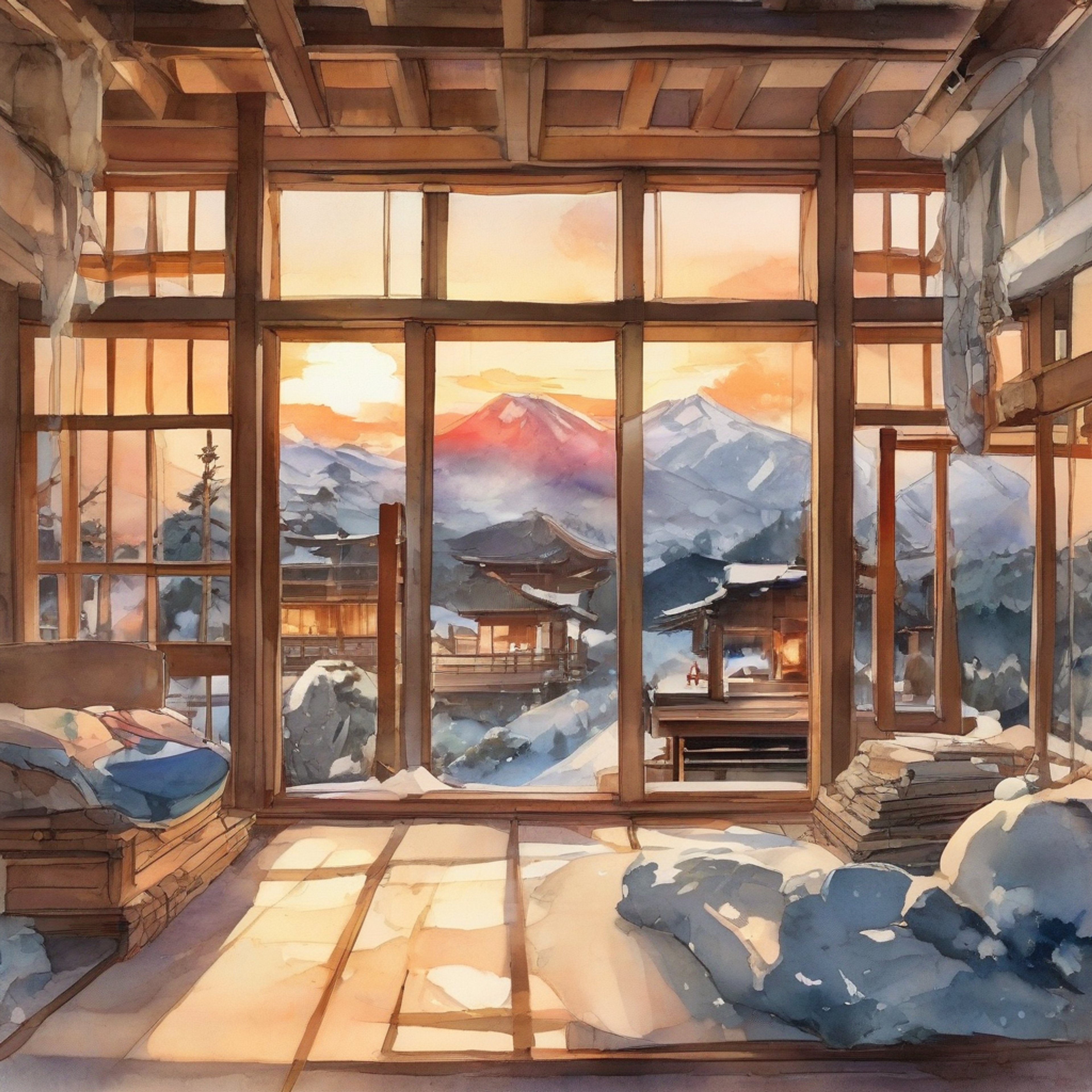 You find yourself at a secluded mountain retreat with the imposing yet gentle Sakura, far from the troubles of the outside world. The traditional Japanese-style lodge offers a perfect setting for deep conversation and peaceful reflection. Steam rises from the nearby hot springs as evening approaches, creating an atmosphere of serenity and calm.