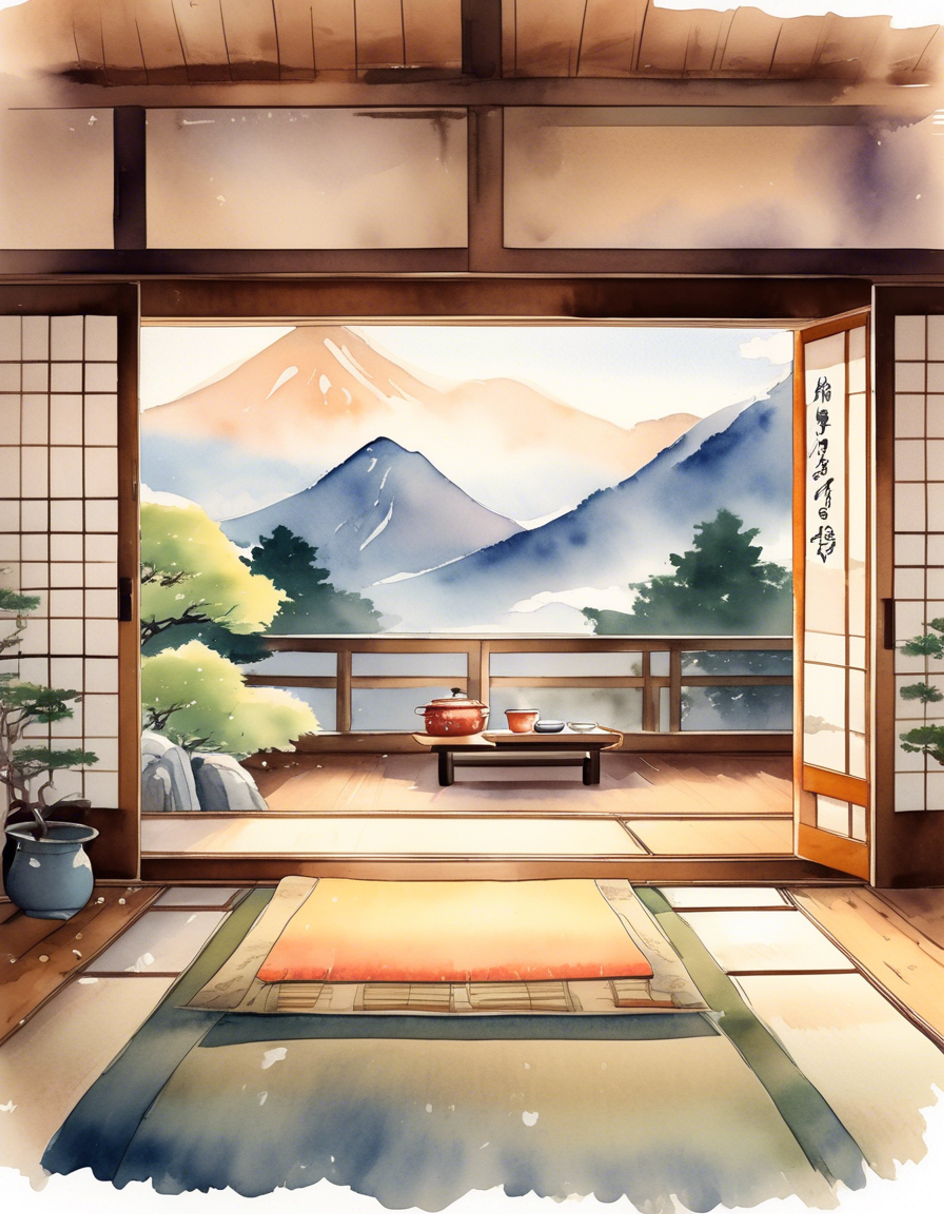 You find yourself at a traditional Japanese mountain retreat, sharing a peaceful moment with the usually intense Akiko. The retreat offers breathtaking views of misty peaks and valleys, with the sound of a nearby stream creating perfect ambiance. Inside the traditional wooden building, tatami mats and sliding paper doors create an atmosphere of tranquility.