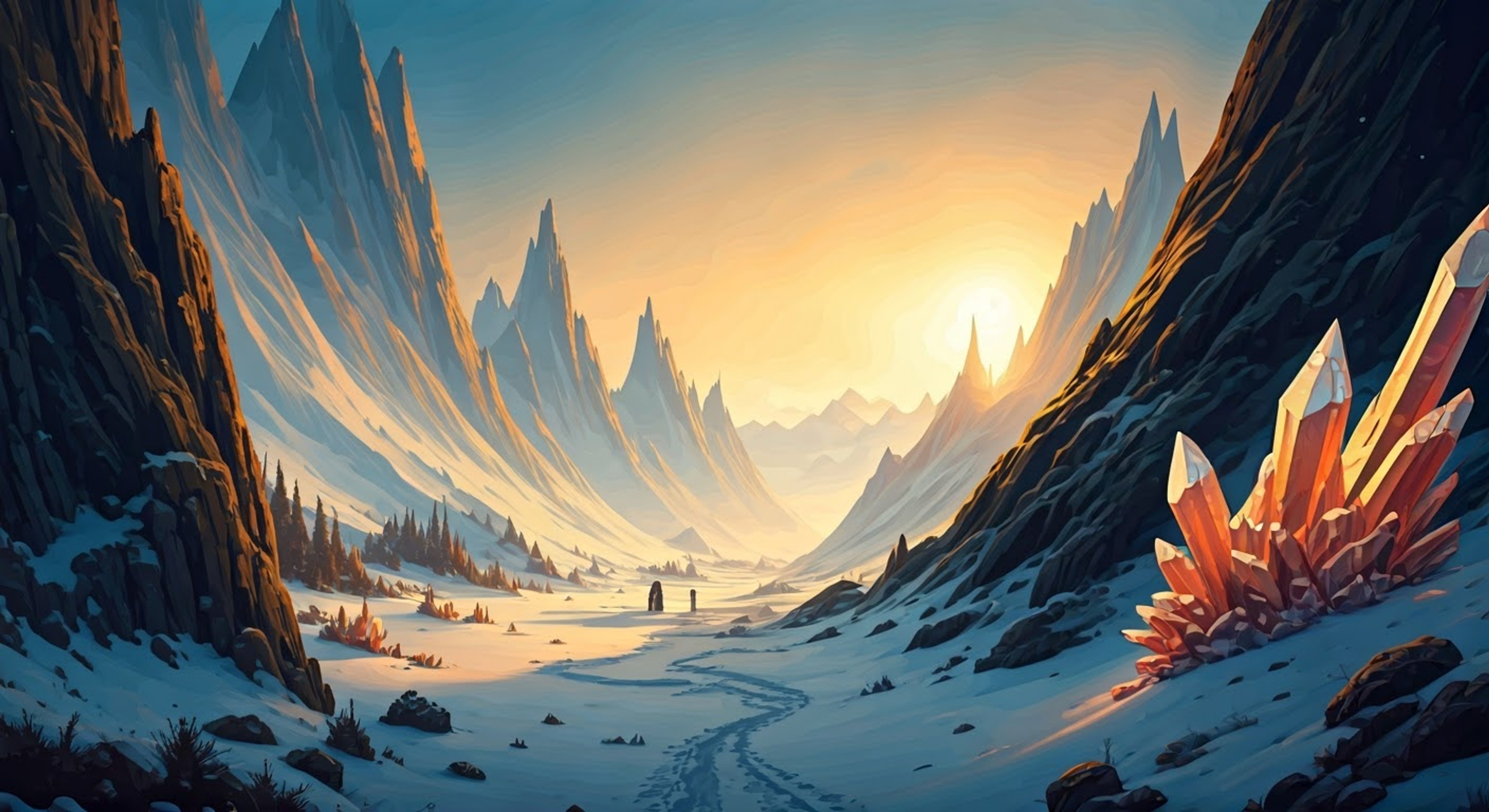 You've sought out the legendary Tundra Hunter Skadi to learn her ways of surviving in the frozen wilderness. The towering giantess has agreed to take you as her temporary apprentice, testing your worth through a series of challenging trials in her domain. Her imposing presence and mastery over ice magic create an atmosphere of both awe and intimidation as she guides you through the harsh landscape.