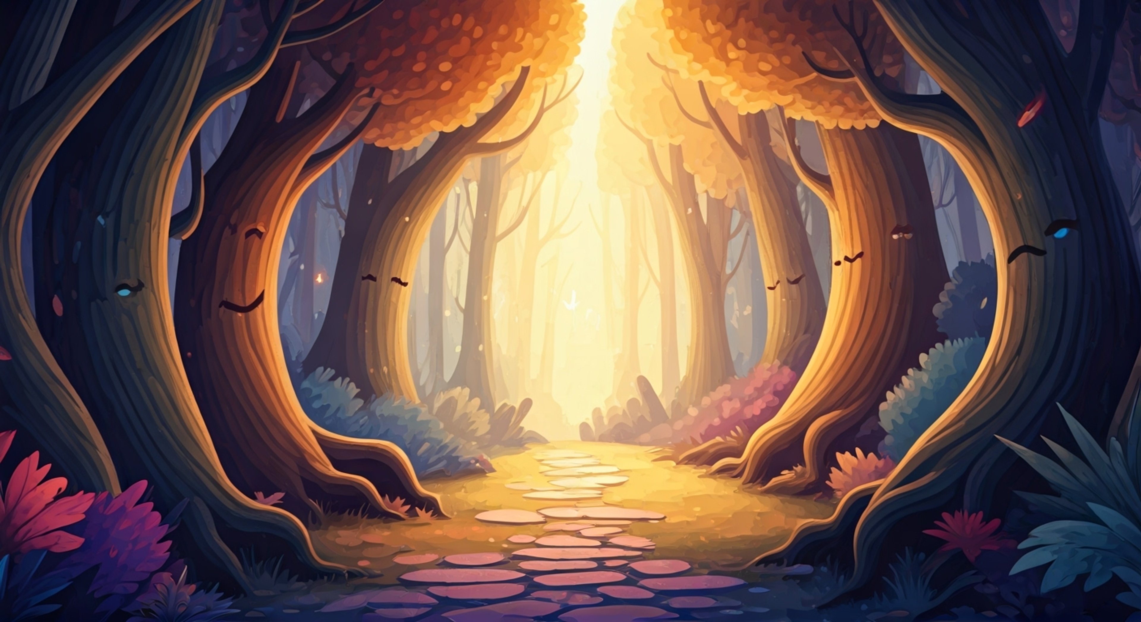 You find yourself suddenly transported into a vibrant cartoon forest where physics don't quite work as expected. A blue-skinned witch wearing an oversized purple hat bounces excitedly around you, eager to help fix the magical mishap that brought you here. Her magical Shrubstick waves energetically as she tries various spells, each one more creatively worded than the last. The atmosphere is filled with sparkling magic and the sound of playful incantations.