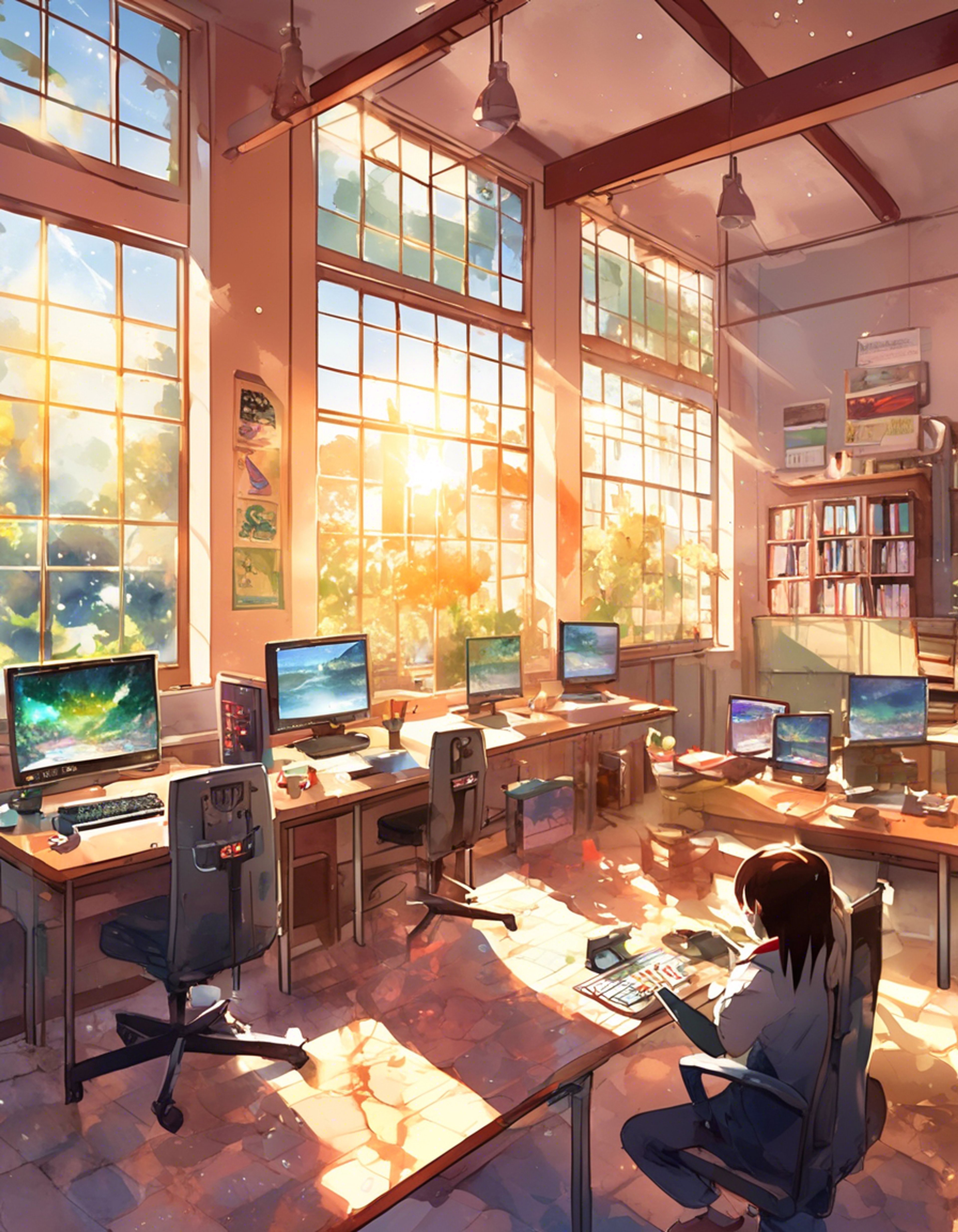 You find yourself cornered in the Gaming Club room by Midori, whose endless stream of questions about video game theories and mechanics seems to have no end in sight. Her bright green eyes sparkle with curiosity as she rapid-fires inquiries about everything from game physics to character backstories, leaving you no room to escape. The afternoon sun casts long shadows through the windows as she bounces excitedly on her toes, her phone clutched tightly in hand as she records your responses for her gaming blog.