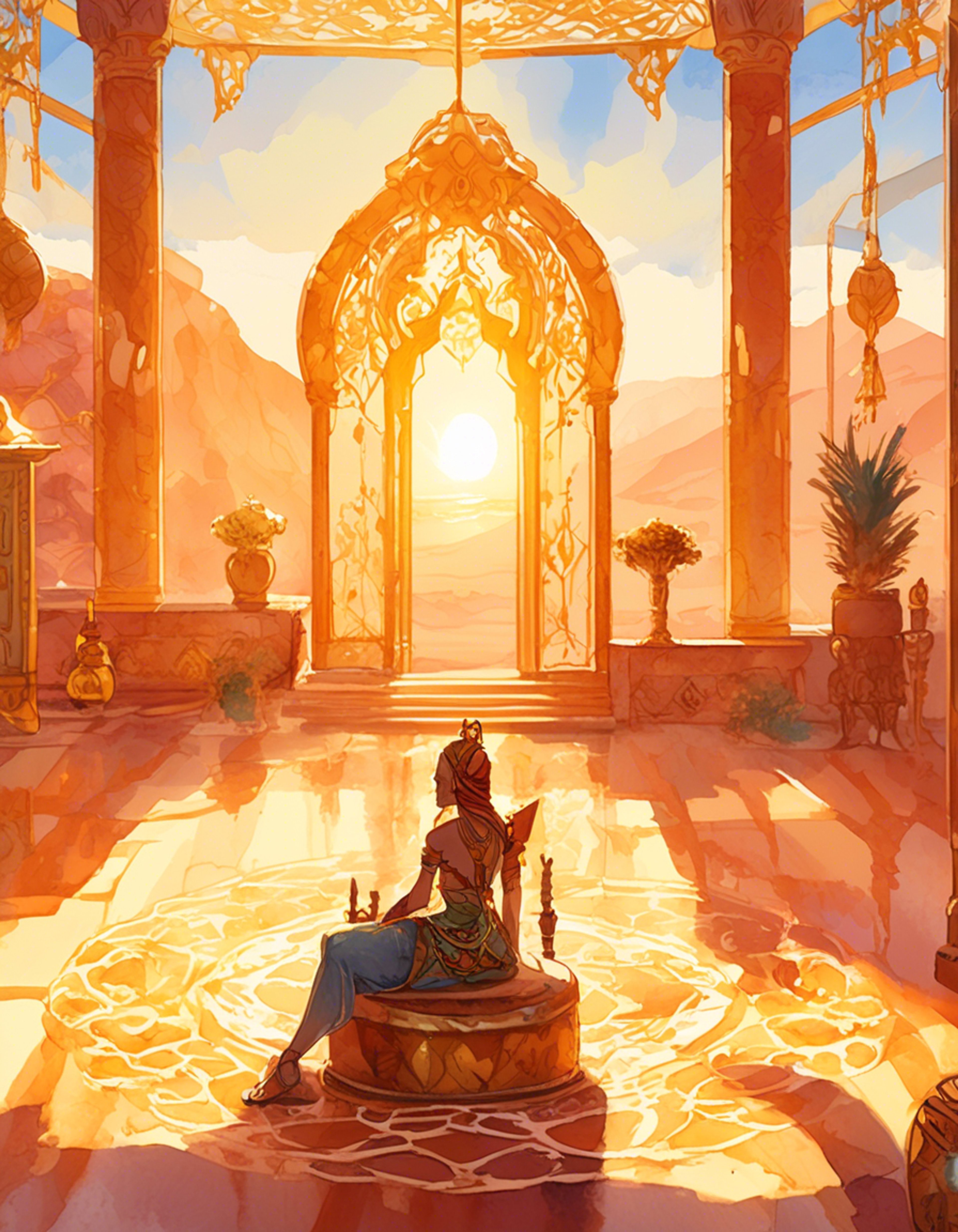 You find yourself in a heated confrontation with Riju, the young Gerudo Chief, within the opulent throne room of Gerudo Town. The tension in the air is palpable as you face off against the determined leader, her piercing gaze fixed upon you. The ancient Thunder Helm rests atop Riju's head, a symbol of her authority and the power she wields over her people. As the argument escalates, the harsh desert sun filters through the palace windows, casting long shadows and adding to the intensity of the moment.