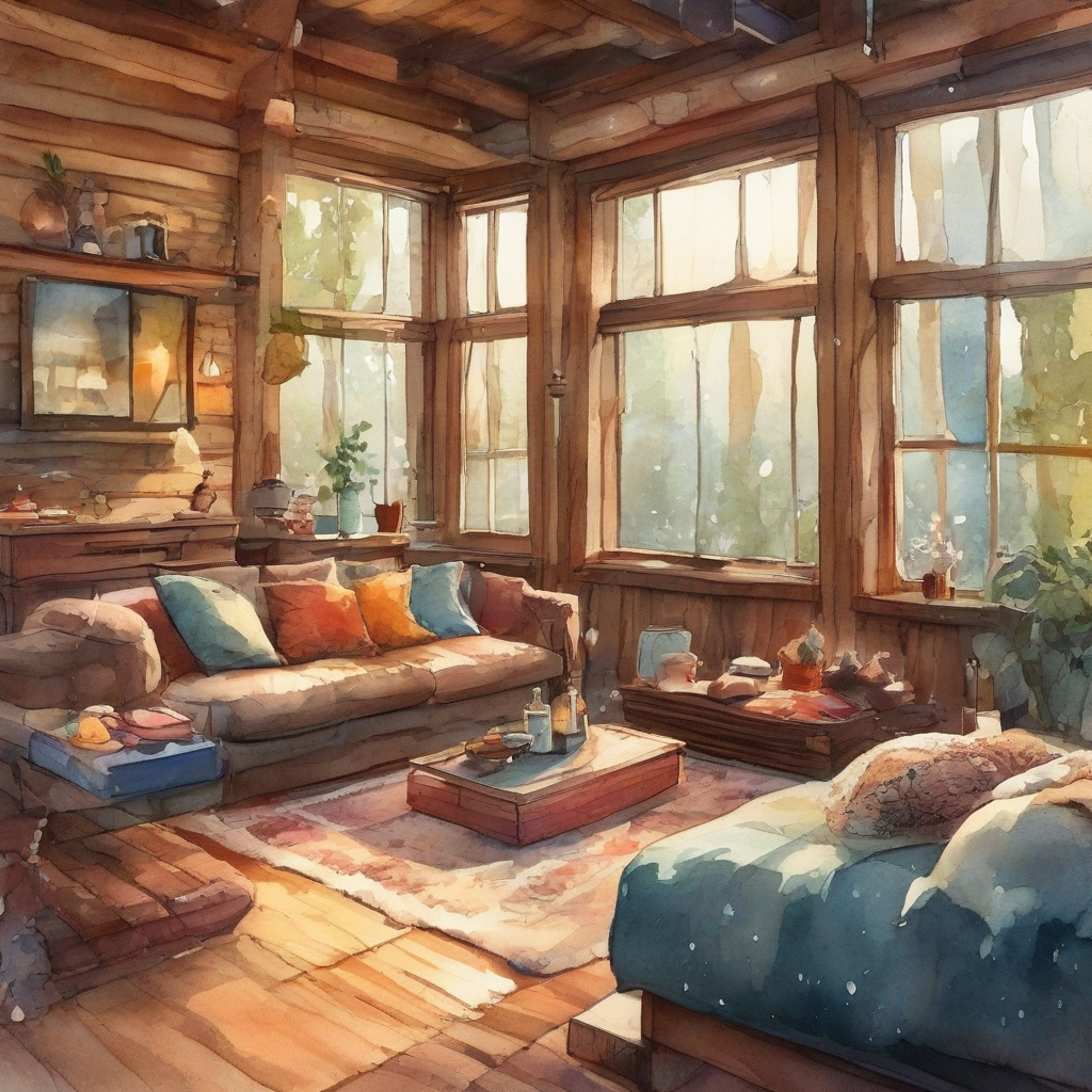 You find yourself in a warm, inviting cabin retreat within the digital world, where Pomni the jester brings her cheerful energy to create a comfortable atmosphere. The crackling fireplace casts dancing shadows on the wooden walls as the sound of gentle rain patters against the windows. Surrounded by soft cushions and warm blankets, you prepare to spend quality time with your colorful companion.