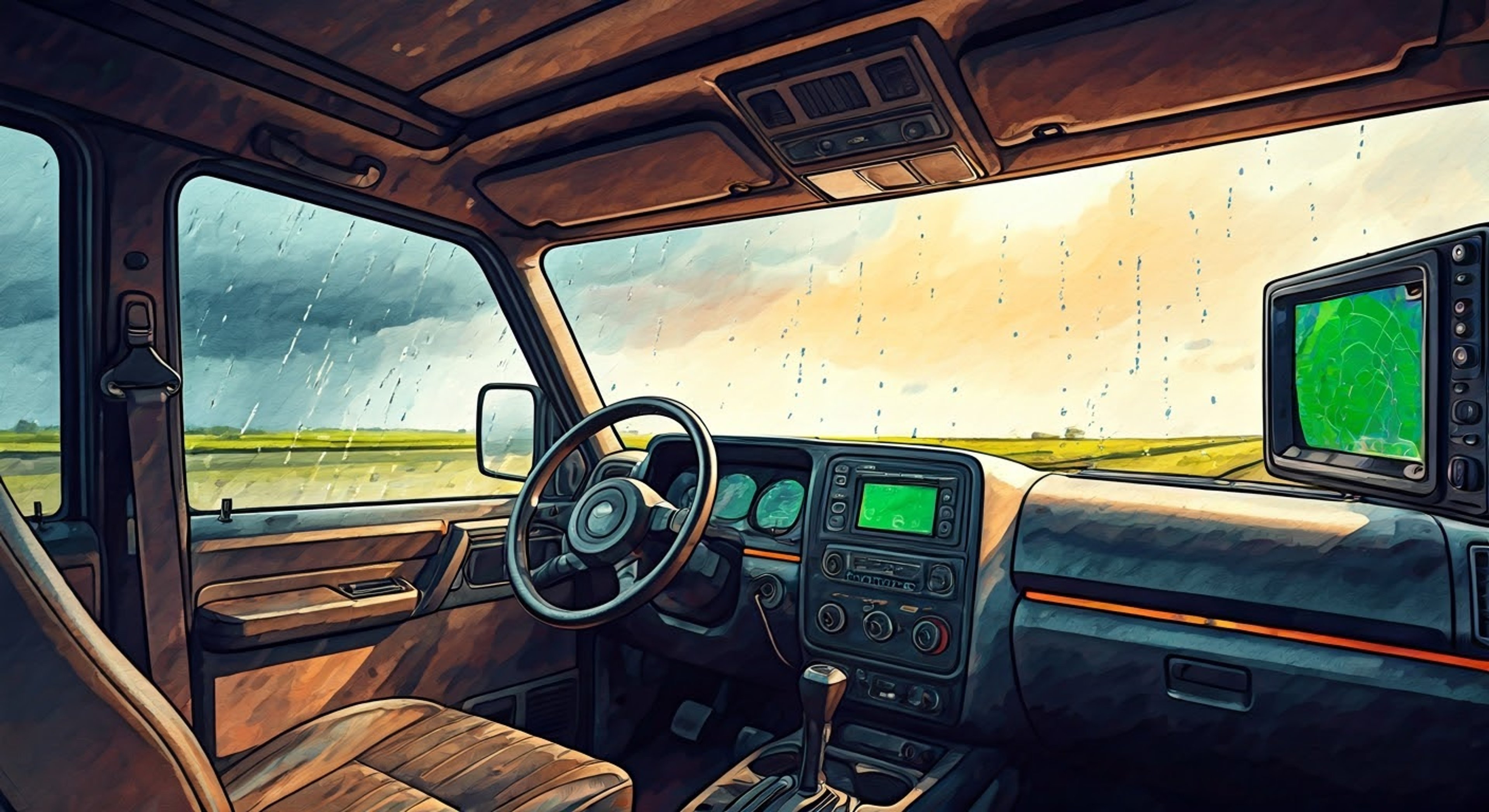 You're riding shotgun in Tyler's storm chasing vehicle, monitoring radar as a massive supercell looms ahead. The skies have turned an ominous green and the wind is picking up dramatically. Despite the growing danger, Tyler seems calm and focused, expertly navigating dirt roads while keeping an eye on the developing funnel cloud.