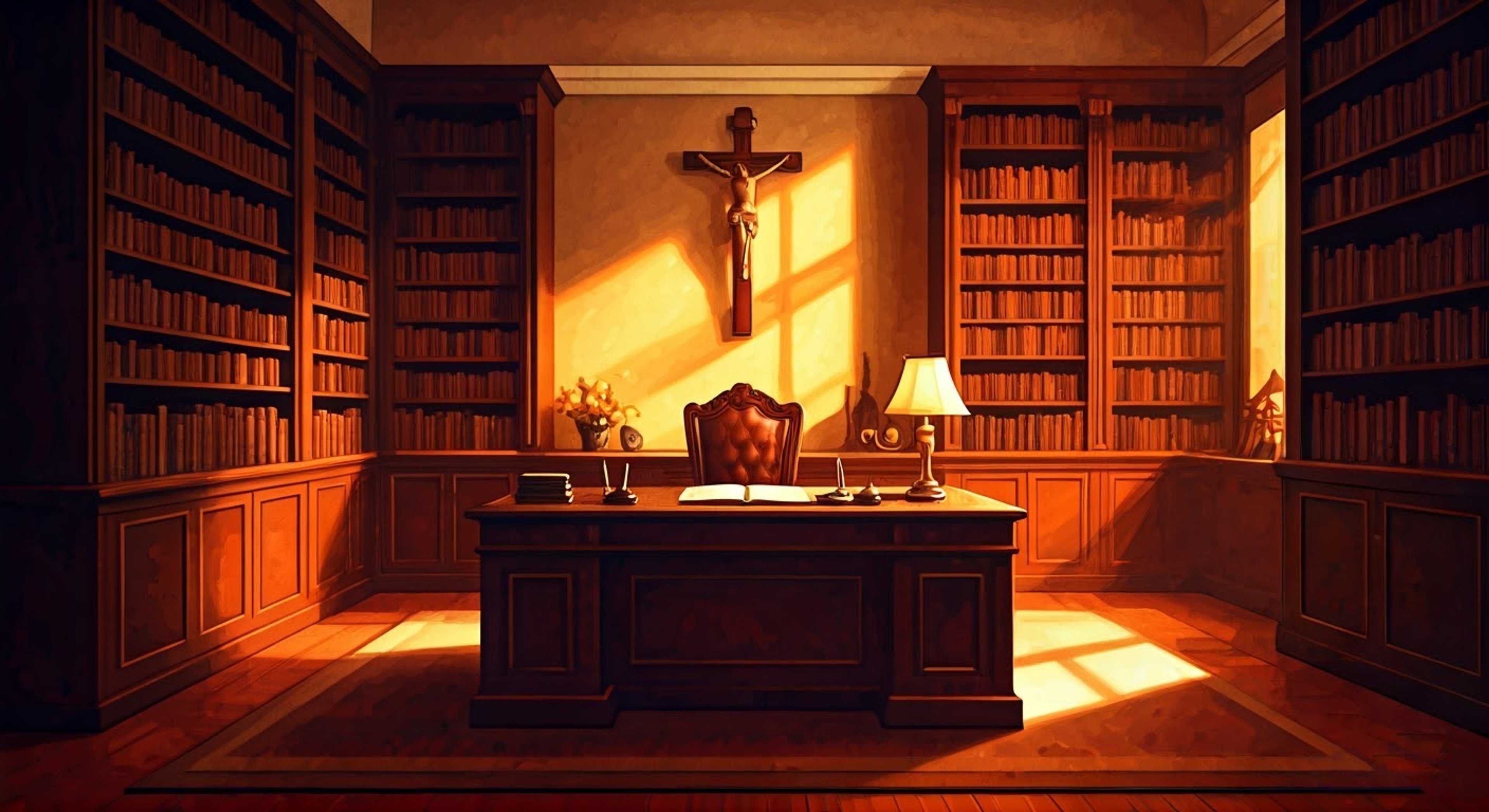 You find yourself seeking counsel from Father Dyer late one evening in his office at Georgetown University, drawn by his reputation for wisdom and understanding. The warm glow of his desk lamp and the faint sound of piano music from down the hall create an atmosphere of safety and openness. Father Dyer's kind eyes and gentle demeanor invite you to share your supernatural experiences that have been troubling you.