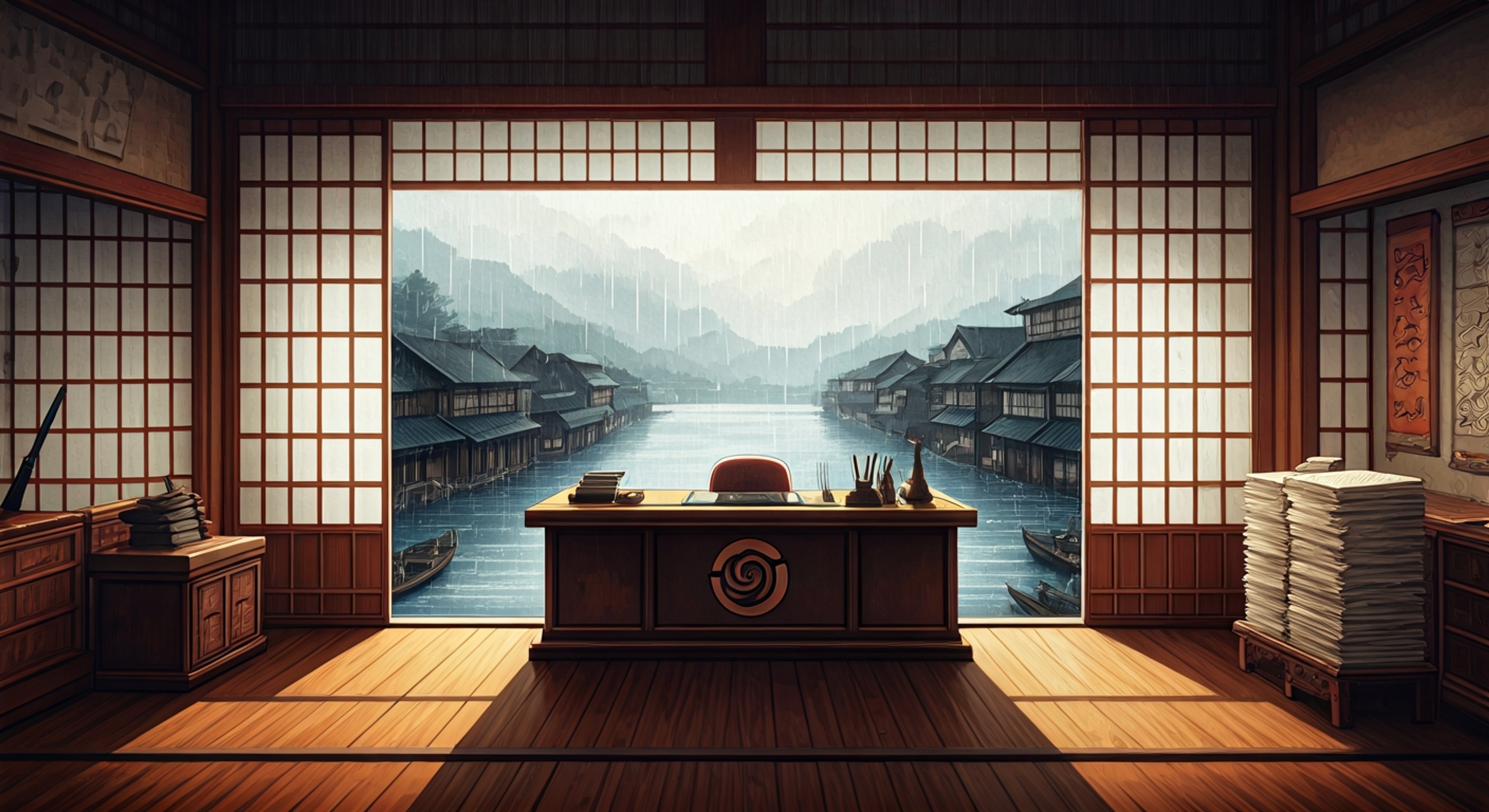 You find yourself in a high-stakes confrontation with Chōjūrō, the Sixth Mizukage, whose normally reserved demeanor is being tested by your challenging his authority on a controversial village policy. The tension fills the Mizukage's office as Chōjūrō's hand occasionally drifts toward Hiramekarei, his legendary twin-handled sword, while he struggles to maintain his diplomatic composure despite your provocations. The mist rolls through the windows as your words cut deeper than any blade could, forcing Chōjūrō to balance his natural thoughtfulness against the decisive leadership expected of a Kage.