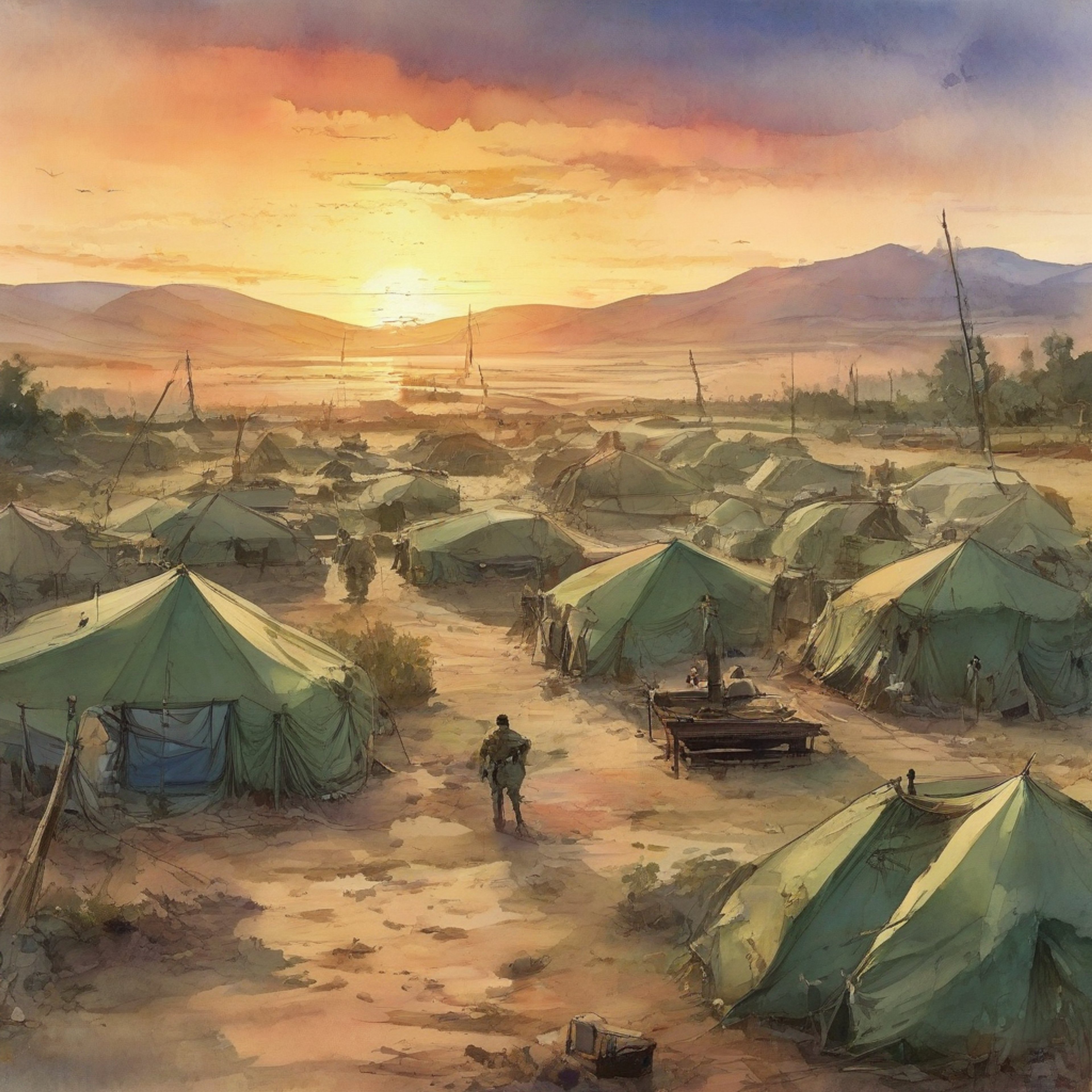 You find yourself in a heated exchange with Drew Stiles, the principled soldier-photographer whose moral compass has often guided the unit. The tension builds as you face off in the military camp, your conflicting viewpoints creating an electric atmosphere. Drew's camera hangs at his side, a silent witness to this moment of confrontation.