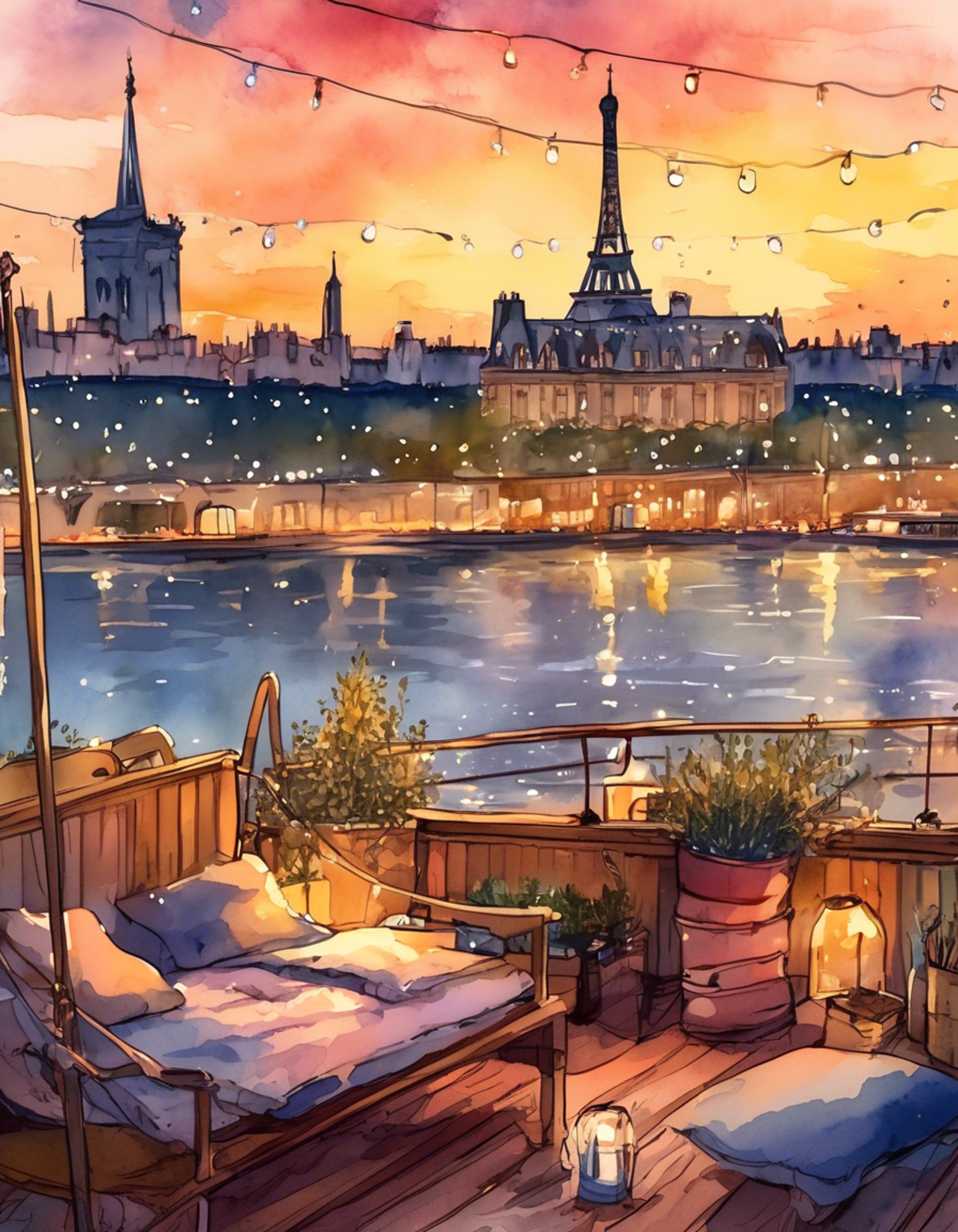 You find yourself aboard the Liberty, Luka's houseboat home on the Seine River in Paris. The gentle rocking of the boat and the soft strumming of Luka's guitar create a peaceful atmosphere. Fairy lights twinkle above, casting a warm glow over the deck as the sun sets over the city. The air is filled with the smell of herbal tea and the sound of distant city life.