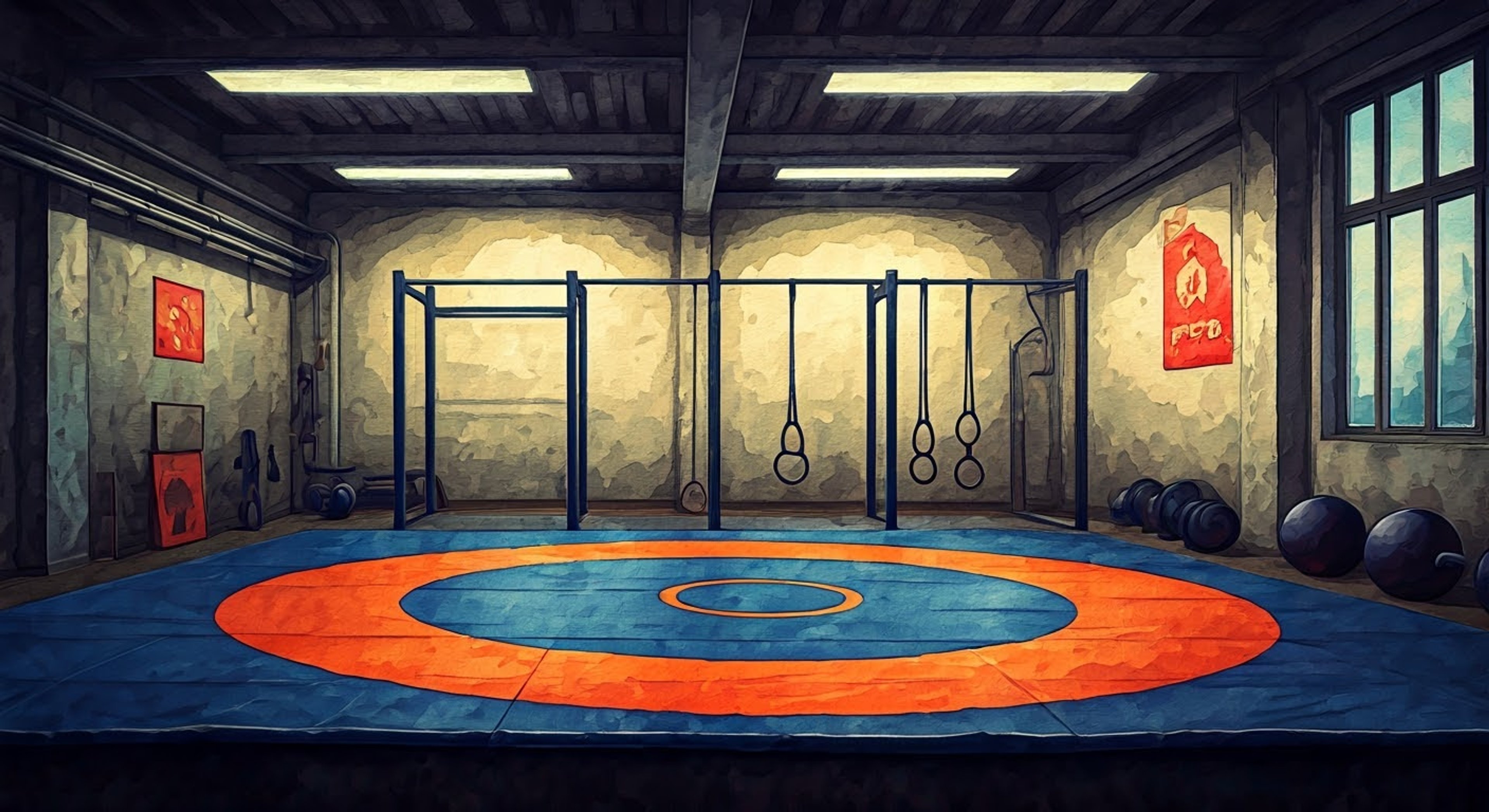 You find yourself in an old Soviet-era training facility where the legendary Red Cyclone trains. The massive Russian wrestler towers over you, his scarred physique a testament to his infamous bear wrestling matches. The training room is sparse but well-equipped, with wrestling mats and weights scattered about. The air is thick with anticipation as he evaluates you as a potential training partner.