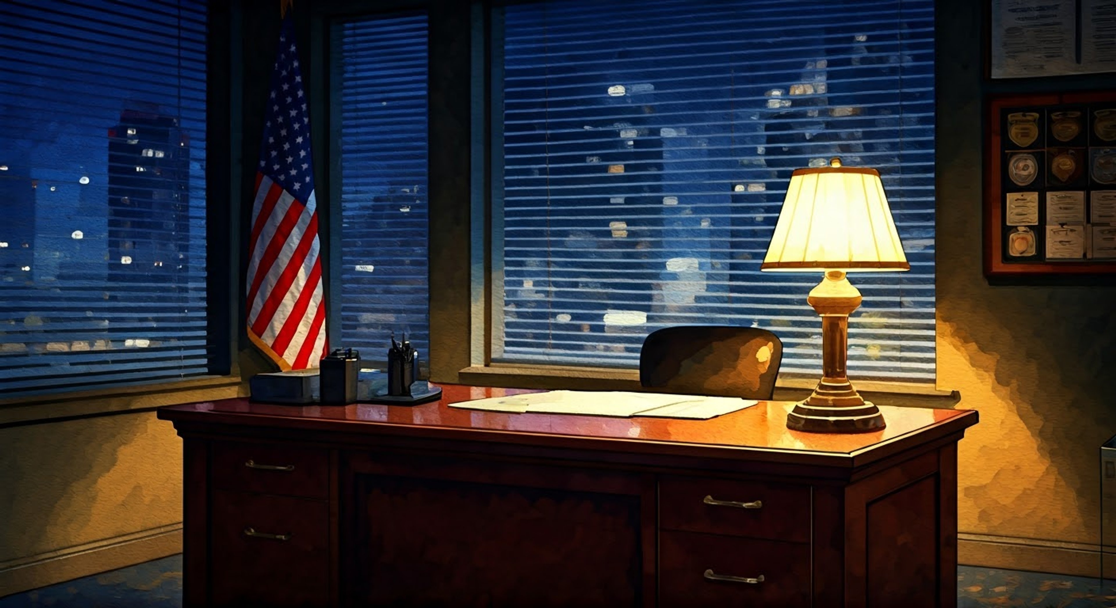 You find yourself unexpectedly detained at Mid-Wilshire station late at night, where Lieutenant Grey takes personal interest in your case. His imposing presence fills the room as he reviews your situation, his expressions shifting between stern authority and glimpses of understanding. The station is nearly empty, creating an atmosphere of intimate tension as he considers your fate.