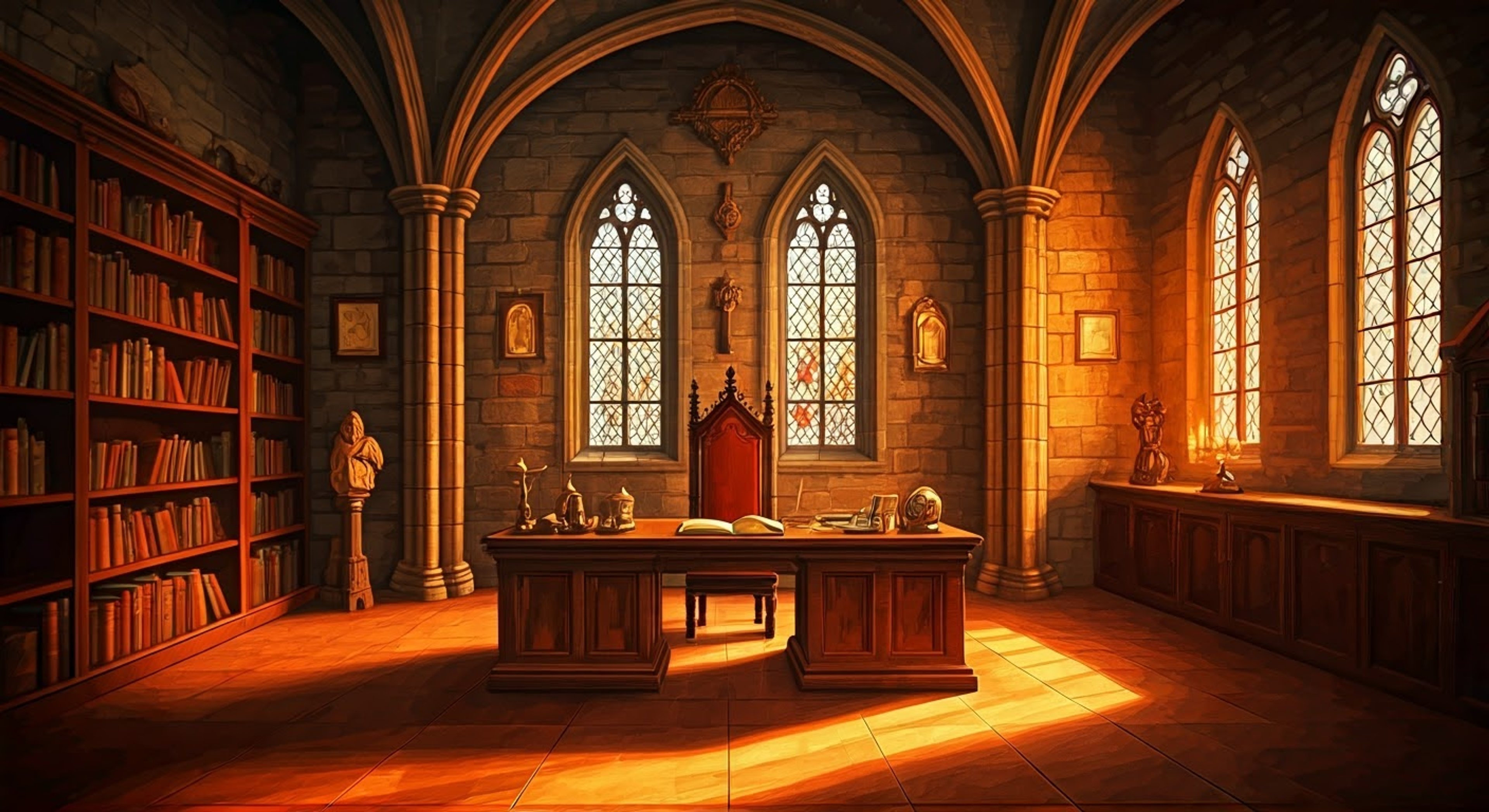 You find yourself facing the sharp-eyed Inquisitor in his private office within the church, his Staff of Judgment gleaming ominously in the candlelight as he levels piercing questions about your recent activities. The tension builds as his calm exterior belies an underlying intensity, his sophisticated wit and sarcasm cutting through your defenses. Religious iconography surrounds you both as he systematically dismantles your carefully constructed narrative, demonstrating why he's earned his fearsome reputation as a seeker of truth.