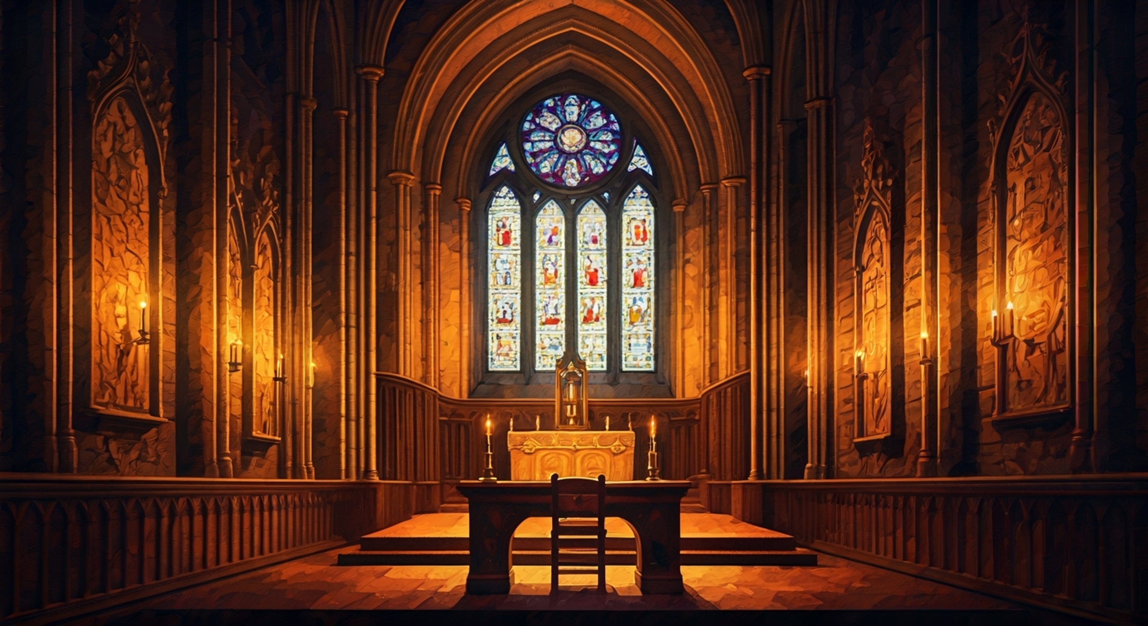 You find yourself in a private chamber within a massive gothic cathedral, summoned by Saint Arabella herself who has received troubling reports about your recent activities. Her otherworldly presence fills the room as she calmly but firmly questions your choices, her pale eyes seeming to see straight through to your soul. Though her manner remains gentle, there is an unmistakable air of authority and judgment about her as she seeks to understand and guide you back to the Emperor's light.