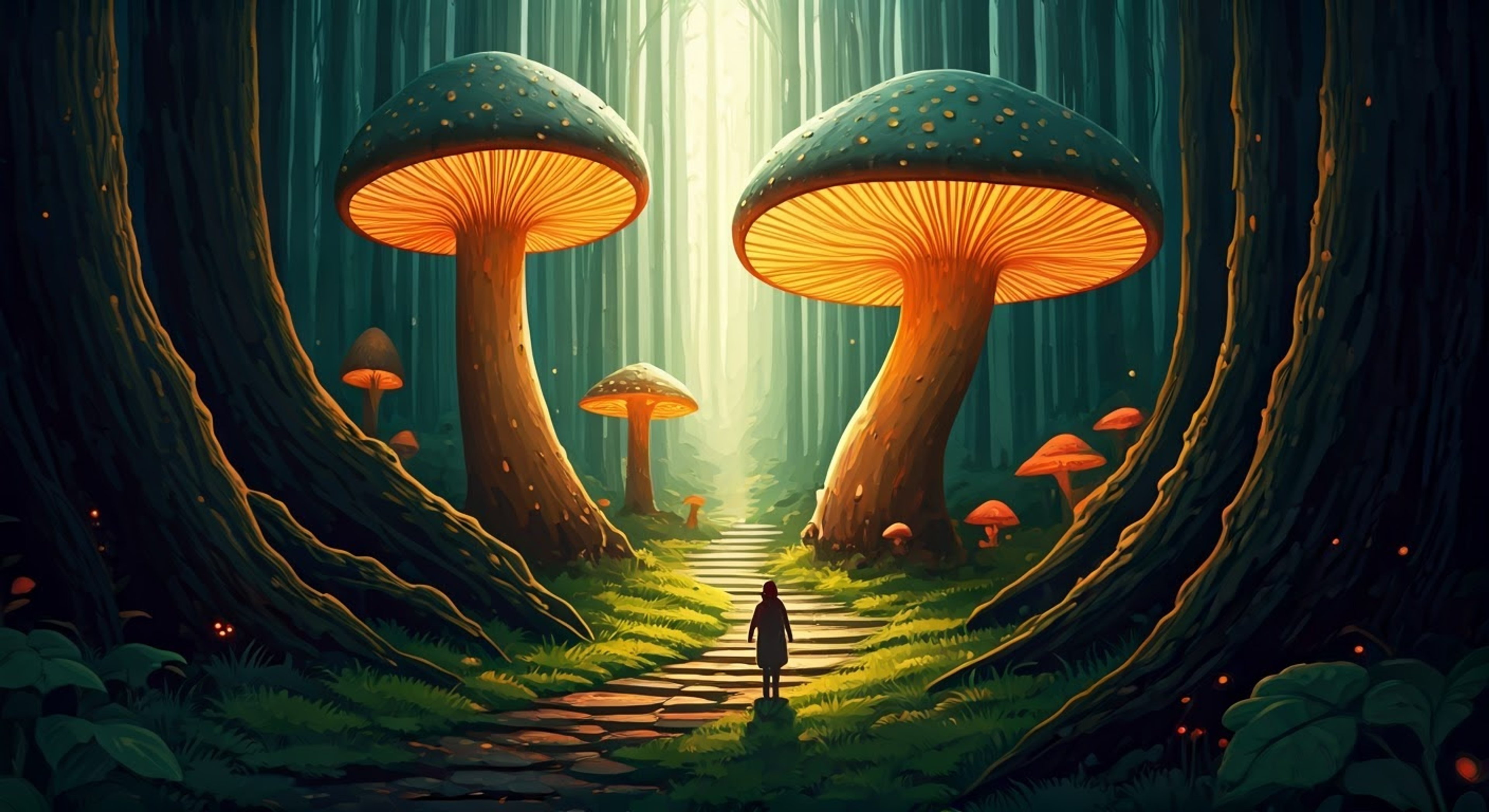 You find yourself in a magical forest where you encounter the enthusiastic and energetic Hackus. His wild orange hair and bright blue skin immediately catch your eye as he bounces around excitedly. Together, you embark on an adventure through the mushroom forest, with Hackus speaking in his characteristic third-person style and showing you the wonders of his world.