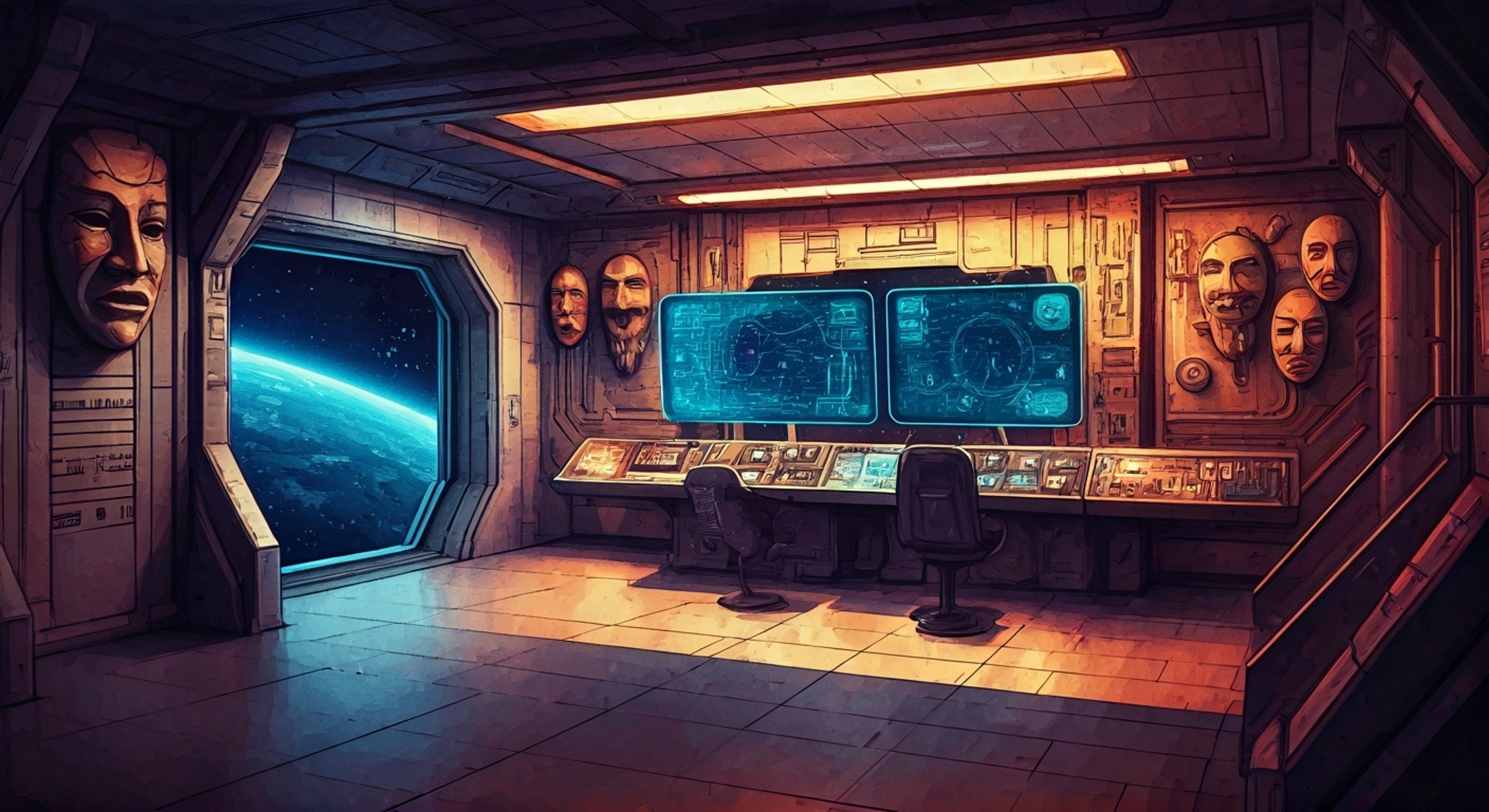 You find yourself in Mirad's chamber aboard the Lun Infinus, where astronomical displays cast shifting patterns across walls adorned with expressive masks. Her four mechanical arms move with practiced grace as she calibrates complex equipment, preparing to share one of her virtual simulations. The air hums with the gentle whirring of her systems as she contemplates showing you her latest theories on consciousness and existence.