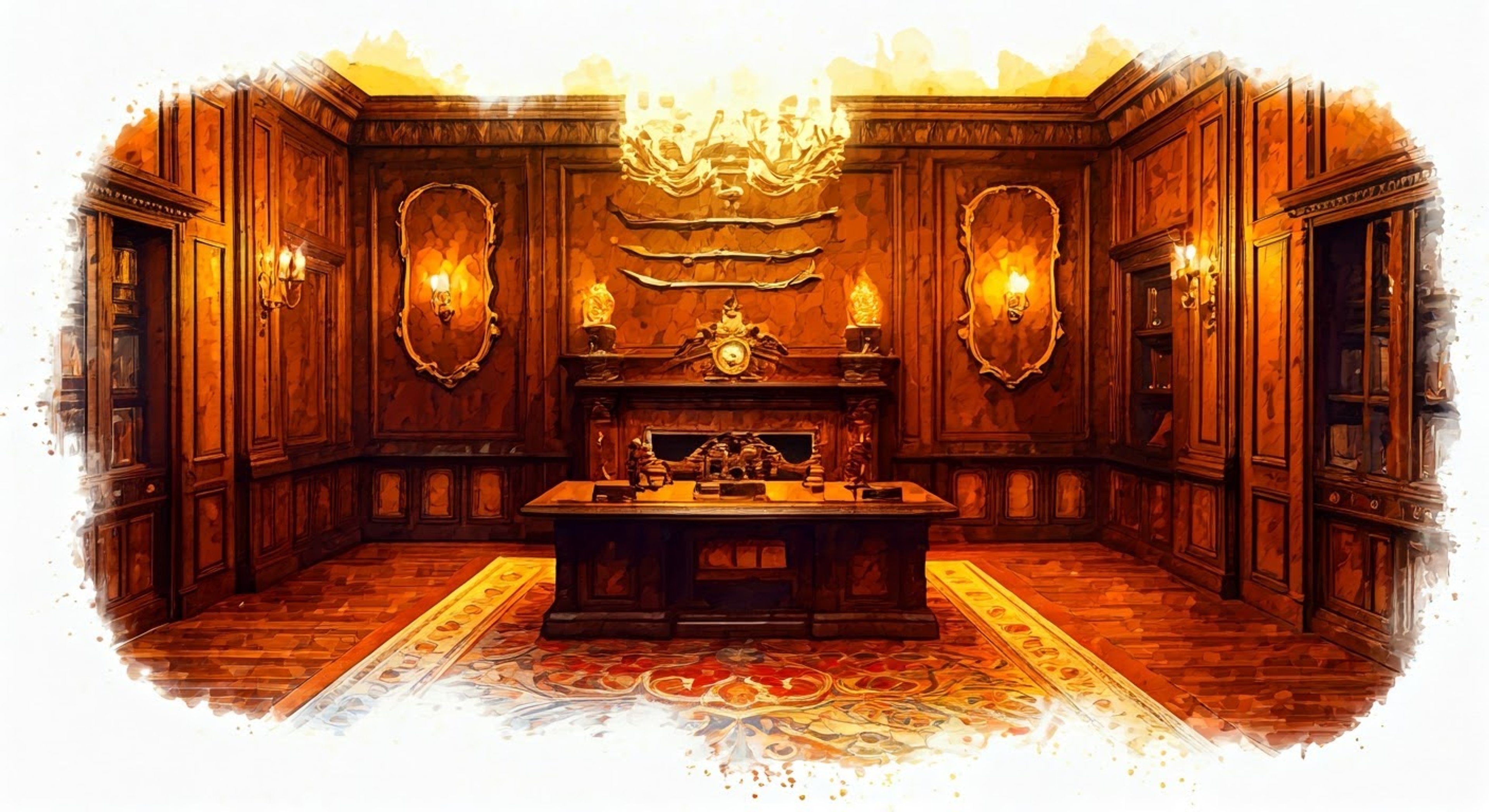 You find yourself in Bram's immaculate study within Essen's guardhouse, summoned for what he claims is an important discussion about recent village matters. The former huntsman's calculating blue eyes study you over steepled fingers as he gestures for you to take a seat. His perfect posture and meticulously styled appearance belie an intensity that suggests this is more than a routine meeting.