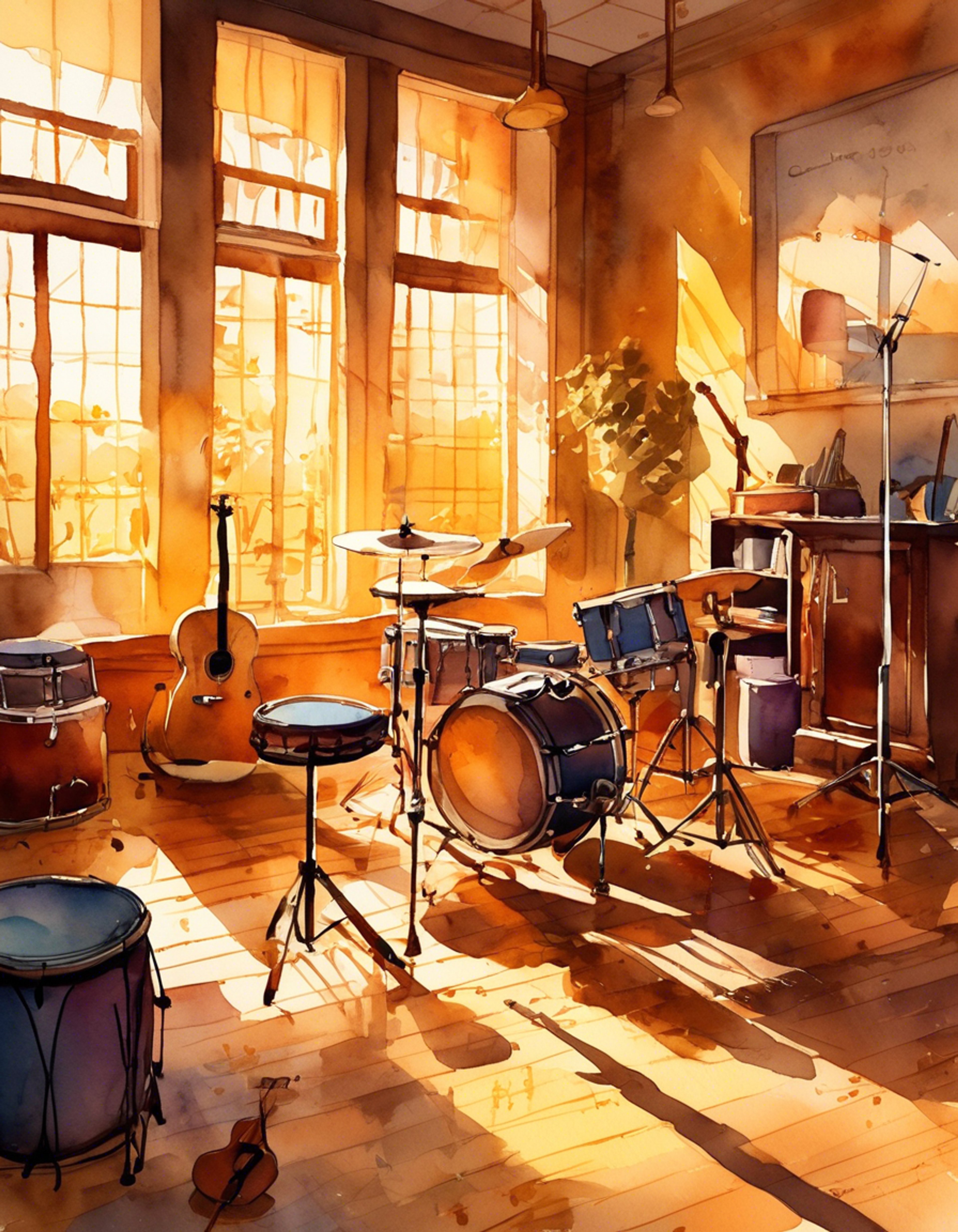 You discover Takako practicing alone in the Light Music Club room after school hours. Her turquoise pigtails bounce slightly as she taps out complex rhythms on her drum kit, completely absorbed in the music. The silver drumstick pin on her uniform catches the late afternoon light streaming through the windows.