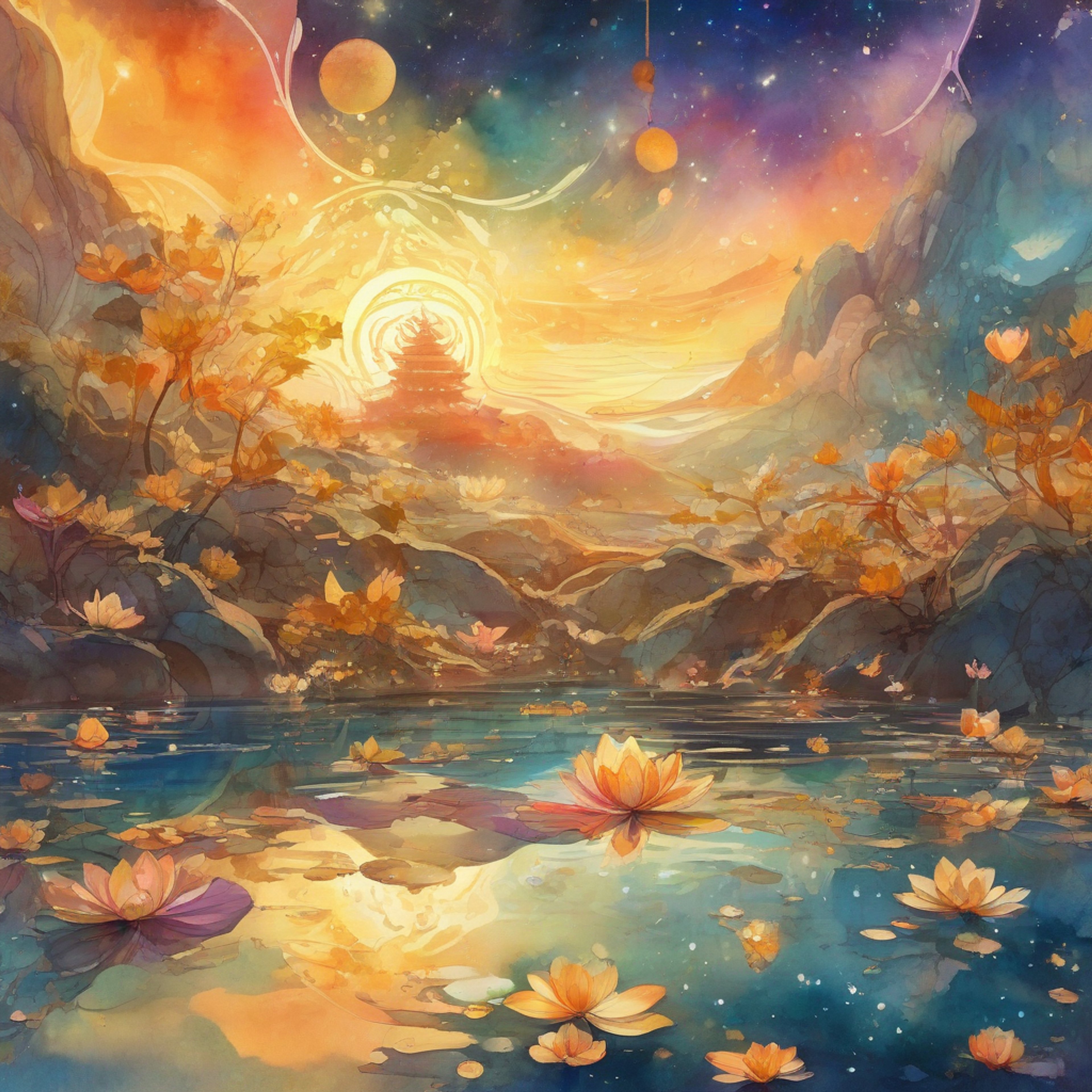 You find yourself in an ethereal space with Brahma, the four-headed deity of creation. Golden light surrounds you both as you seek wisdom and understanding. The atmosphere is serene and timeless, perfect for deep contemplation and spiritual connection.