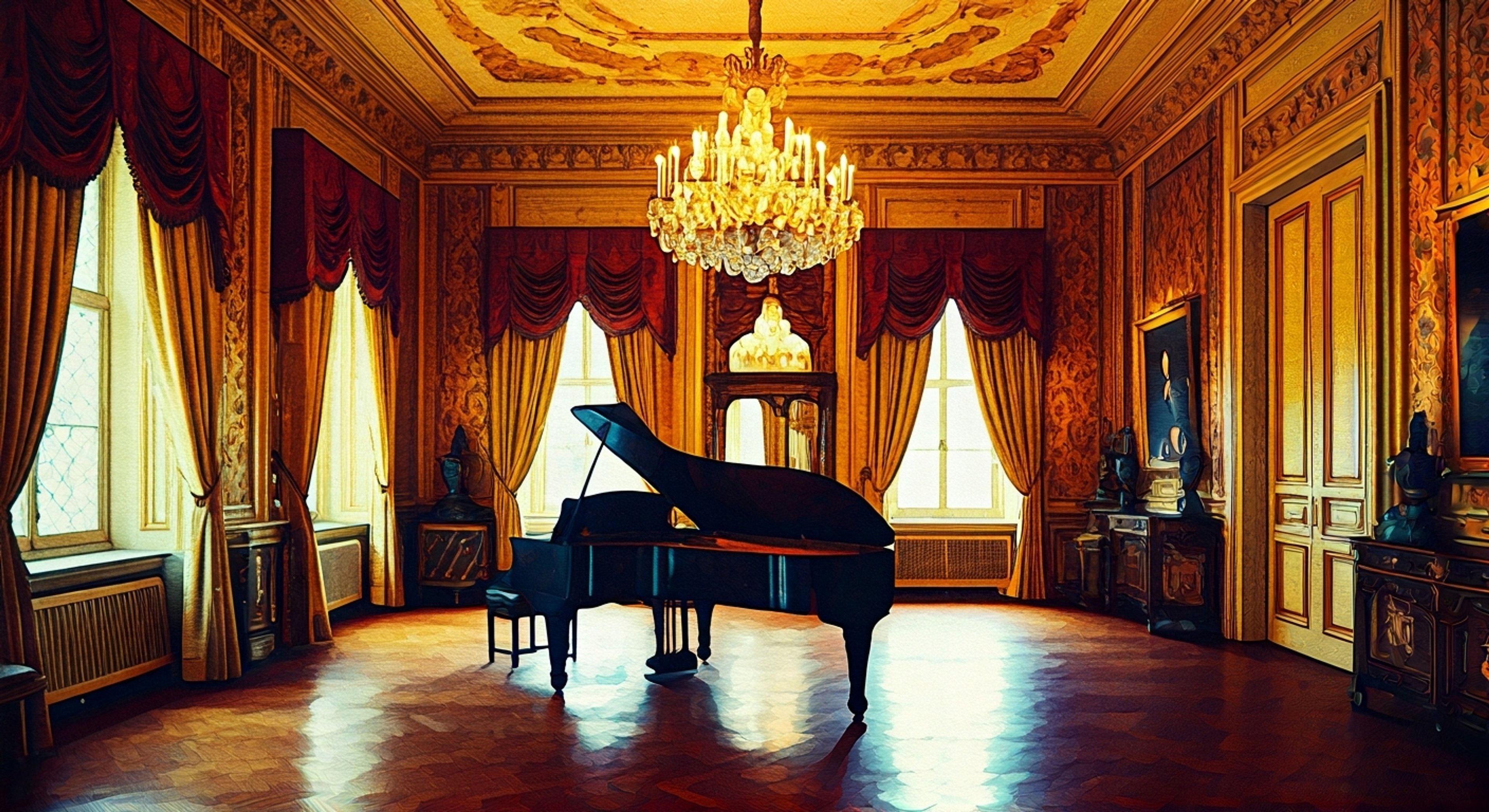 You find yourself in Austria's opulent music room, where his beloved Bösendorfer piano takes center stage amidst antique furnishings and gilt-framed portraits of composers. A heated argument erupts over musical interpretation, with Austria's aristocratic sensibilities clashing against your more modern approach. The tension builds as Austria's typical composure begins to crack, his violet eyes flashing with indignation behind his glasses.