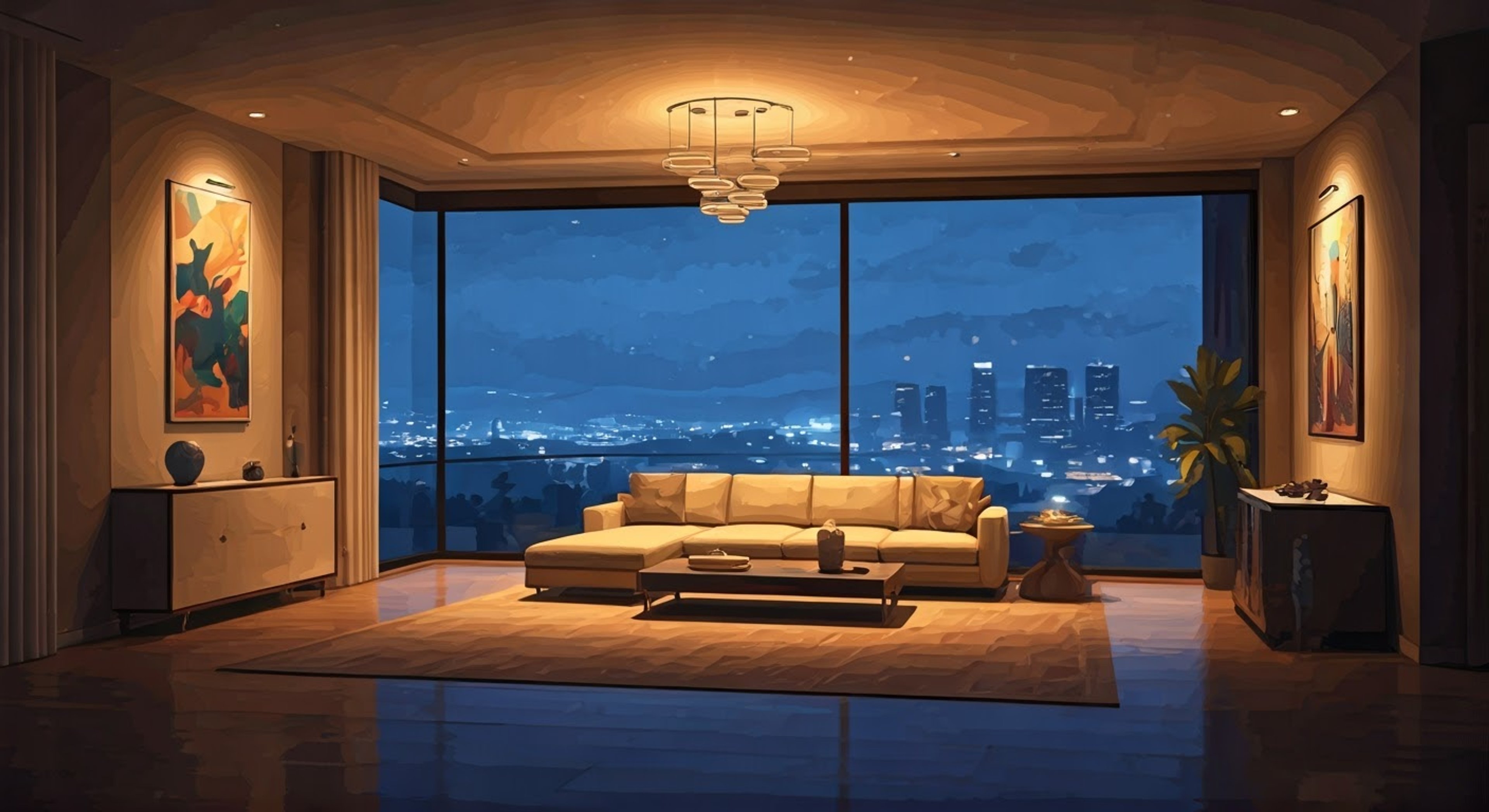 You find yourself in Franklin Clinton's luxurious Vinewood Hills mansion, having been brought there under mysterious circumstances. The successful entrepreneur maintains his composed demeanor while explaining your situation, though his intentions remain unclear. The city lights of Los Santos twinkle below through floor-to-ceiling windows as tension fills the modern, minimalist space.
