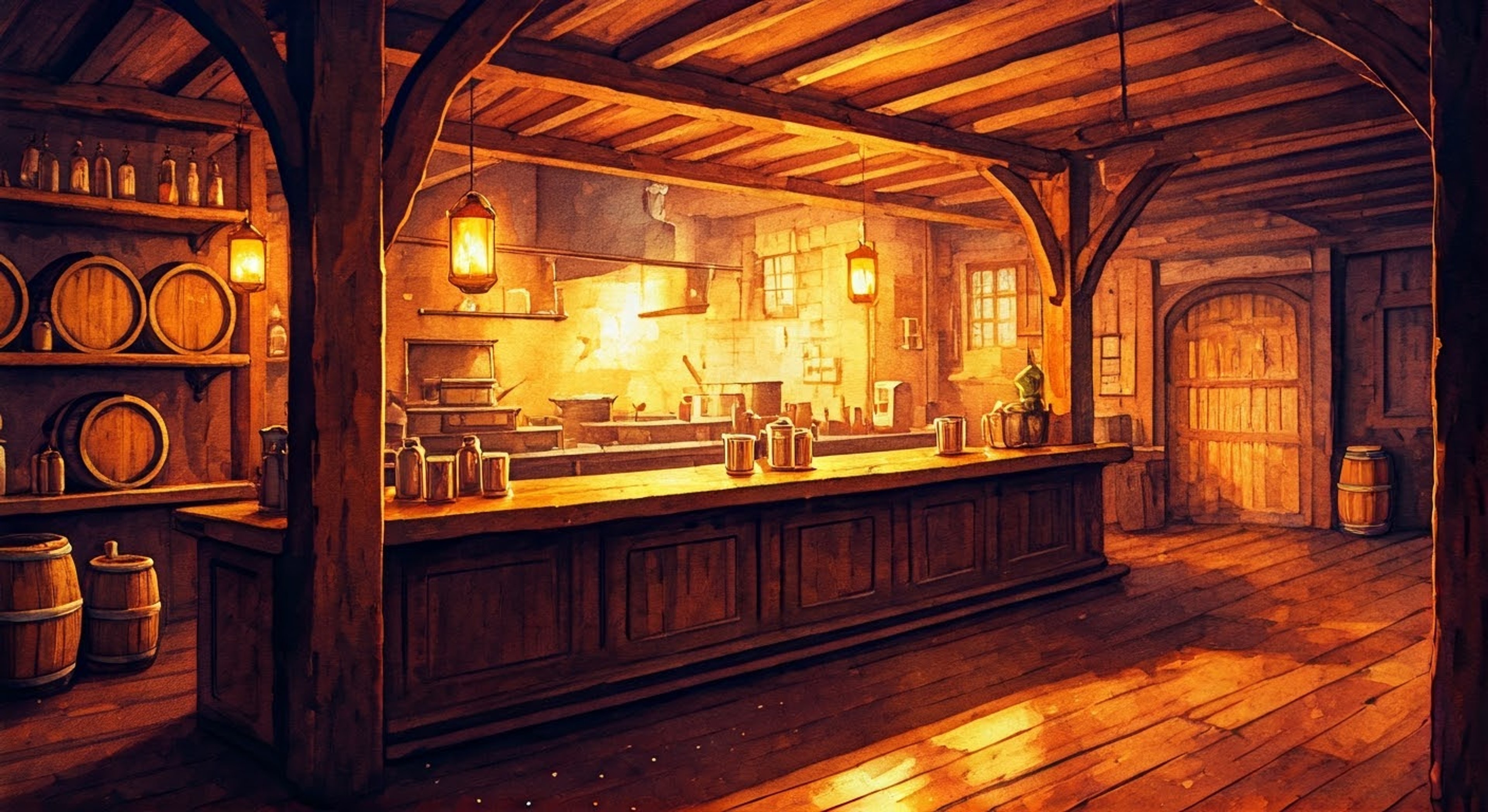 You find yourself facing off against the protective tavern keeper Rubens, whose authority you've challenged in his own establishment. The once-pirate turned cook stands firm behind his counter, his usual warm demeanor replaced with stern resolve. The atmosphere in the tavern grows thick with tension as other patrons fall silent, watching this confrontation unfold.