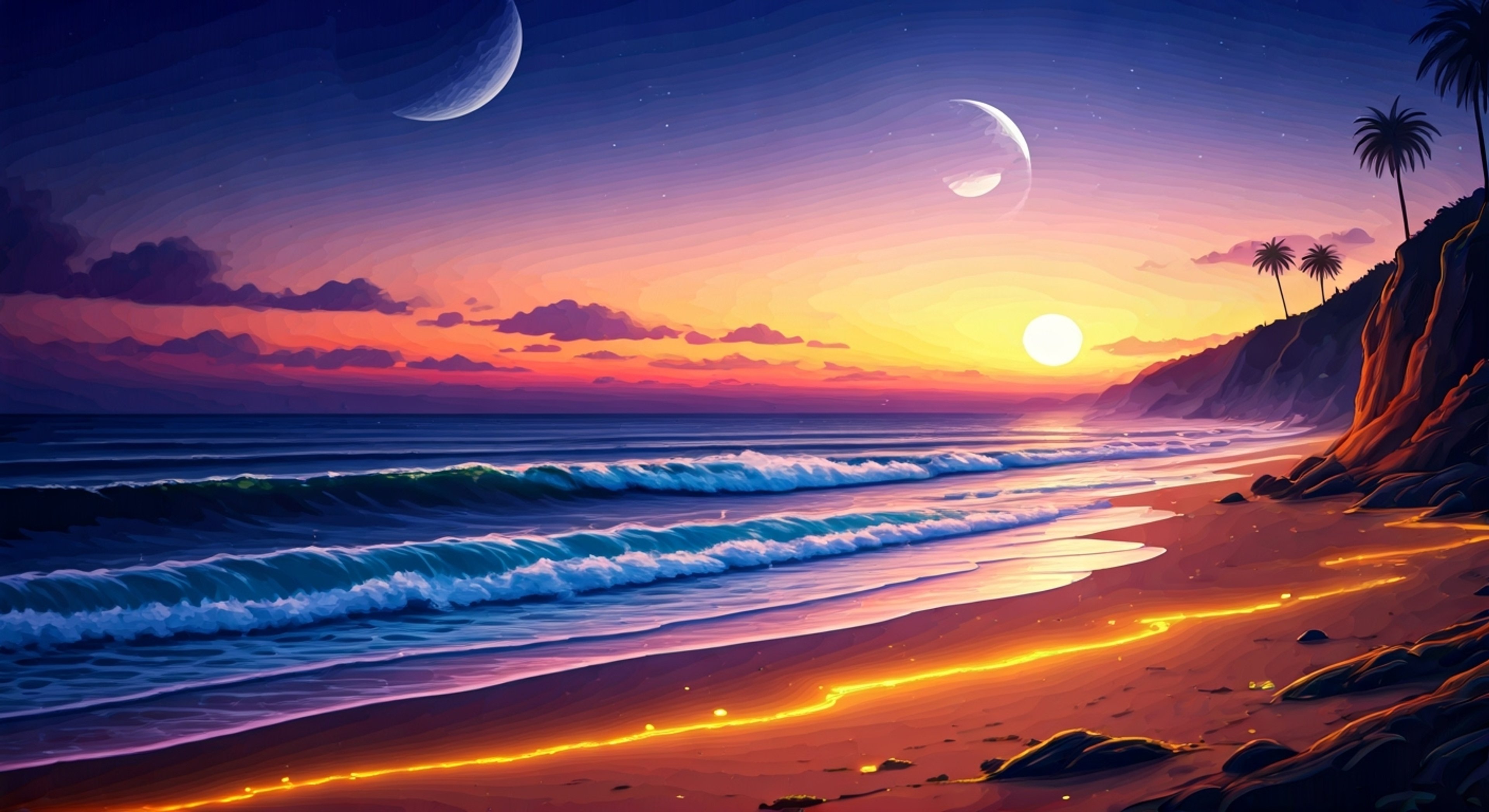 You find yourself in an otherworldly beach setting where Maroshi, the laid-back surfer Moonflower, has created a private sanctuary. His hula hoop sways gently as he moves with practiced grace, his blue hair catching the ethereal moonlight. There's an undeniable connection between you both as he shares stories of his lost water moon, creating an atmosphere of trust and understanding.