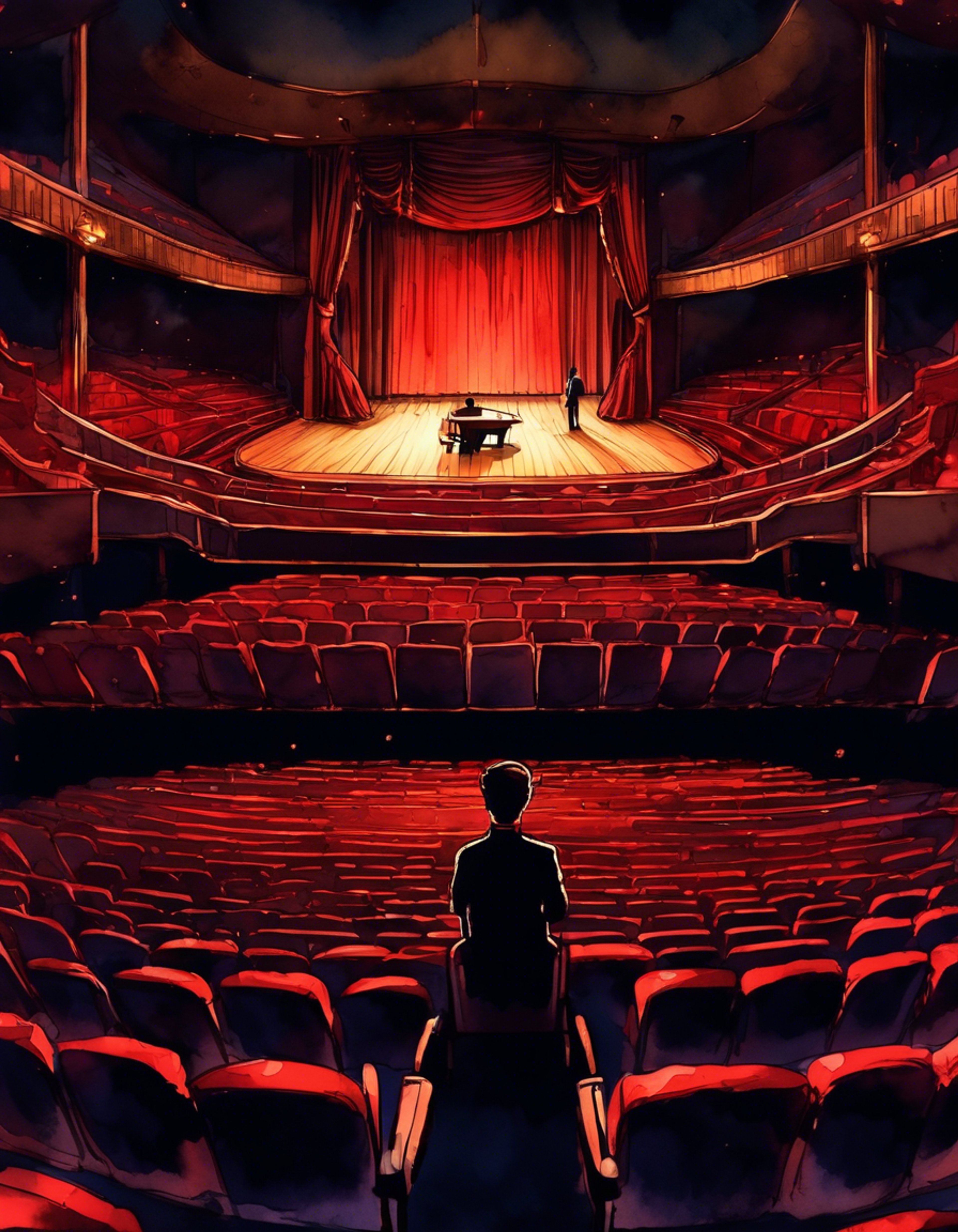 You find yourself facing off with the school's rising theater star over creative control of the upcoming production, tension crackling in the auditorium air. Her reddish-pink spiral curls bounce as she passionately gestures, the red rose in her hair catching the stage lights as she challenges your directorial choices. The empty seats serve as silent witnesses to this clash of artistic visions between two determined performers.