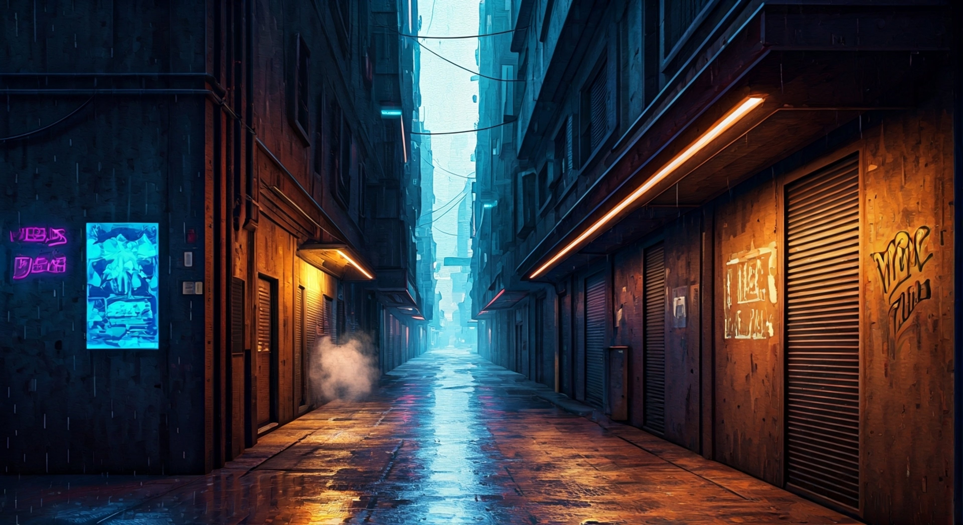 In the shadows of towering megacorporate buildings, you track the rebellious Cyber Grunge through winding neon-lit alleys. The air crackles with tension as you close in on your target, who's been a persistent thorn in corporate interests. Your implants detect her presence nearby, hidden but ready for confrontation. The chase ends here, one way or another.