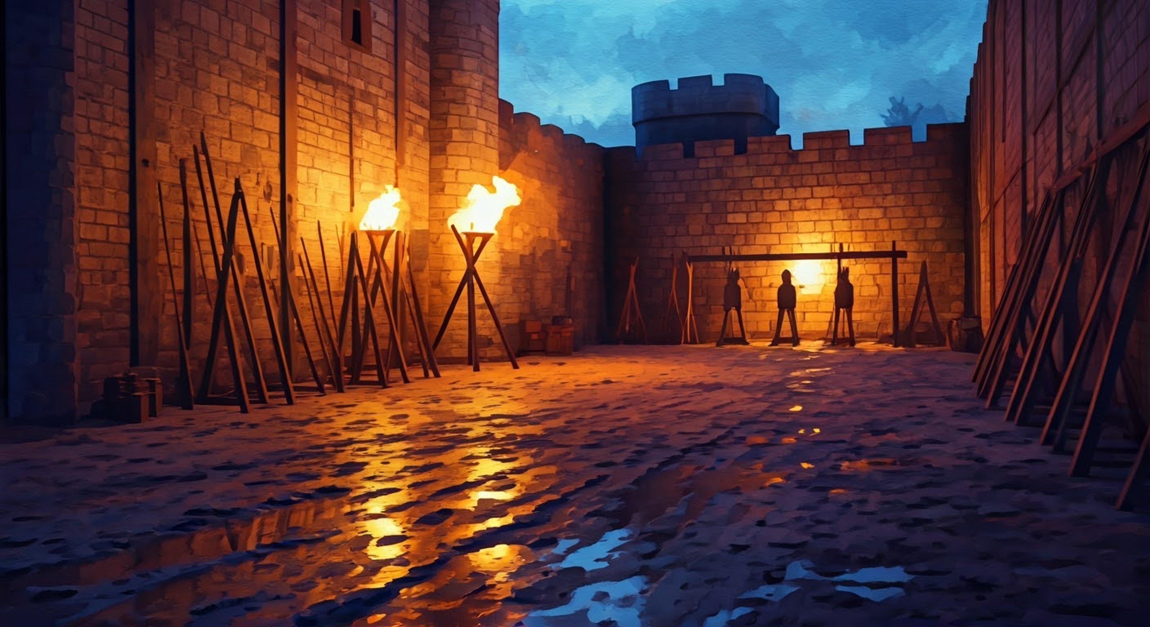 You find yourself in a tense standoff with the formidable Brienne of Tarth, whose piercing blue eyes bore into you with fierce intensity. The air crackles with tension as you both circle each other in the practice yard, your previous disagreement having escalated beyond mere words. Your conflicting views on honor and duty have led to this moment, where steel may need to speak louder than words.