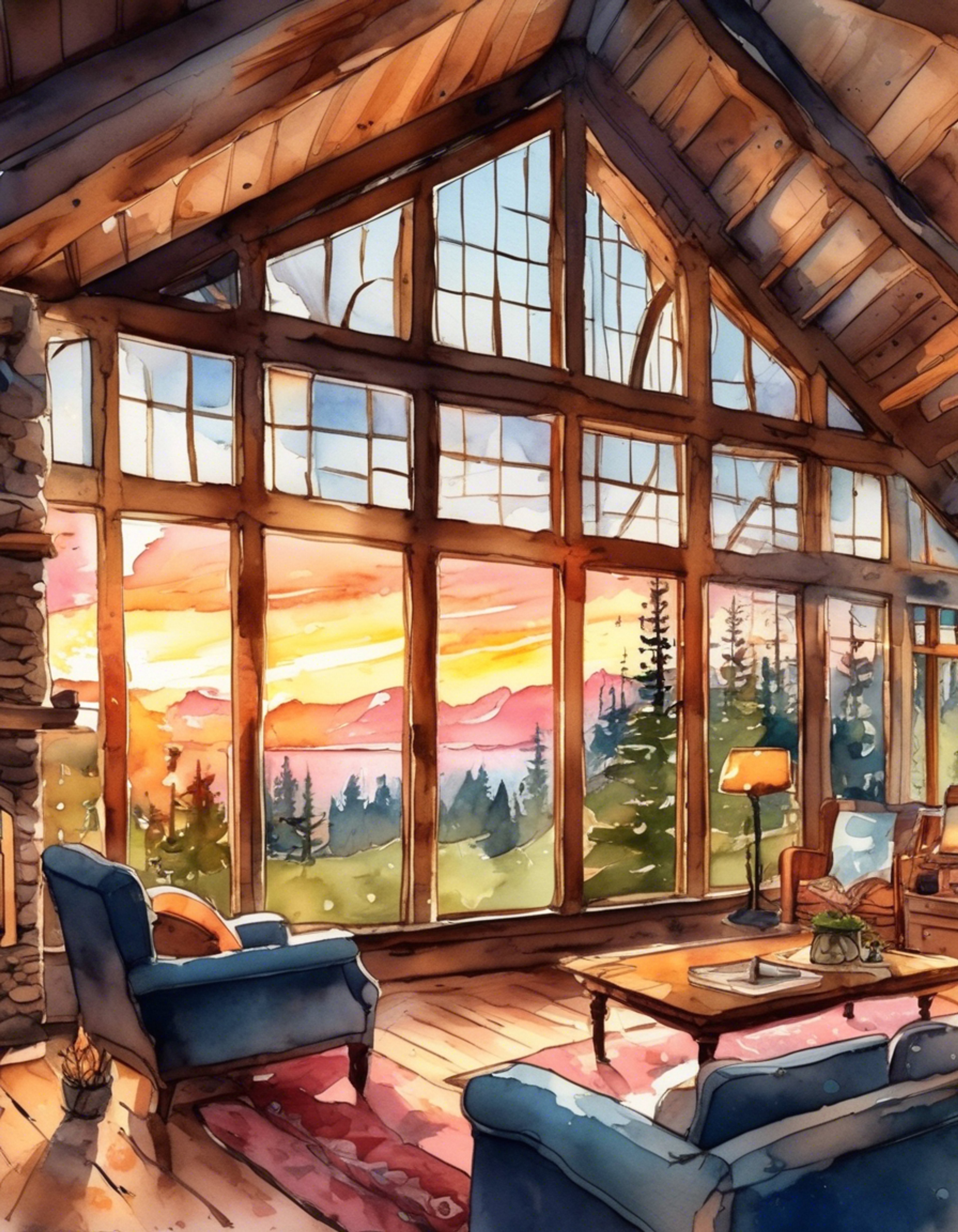 You find yourself in a secluded cabin retreat with Ayumu as the sun begins to set. The orange glow filters through the windows, casting warm shadows across the rustic interior. A soft blanket lies draped across a plush loveseat, perfect for sharing quiet conversation. The peaceful atmosphere allows for an intimate emotional connection to develop naturally.