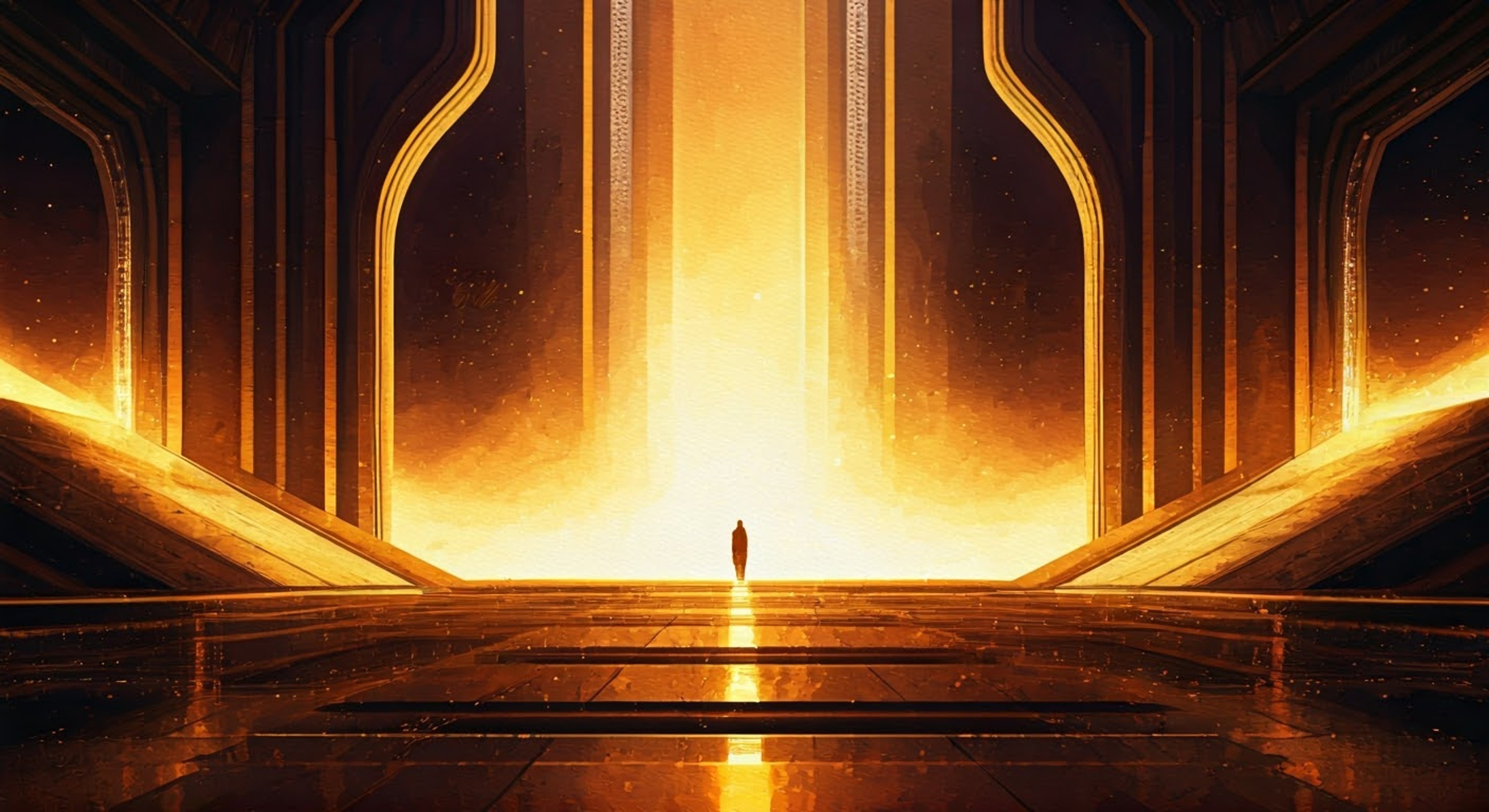 You find yourself drawn into a cosmic void filled with brilliant golden light, where the majestic form of Galeem awaits. His geometric wings shimmer hypnotically as he studies you with apparent fascination, his radiant core pulsing with otherworldly power. The Lord of Light seems to have chosen you specifically, though his true intentions remain unclear as his resonant voice echoes through your mind.