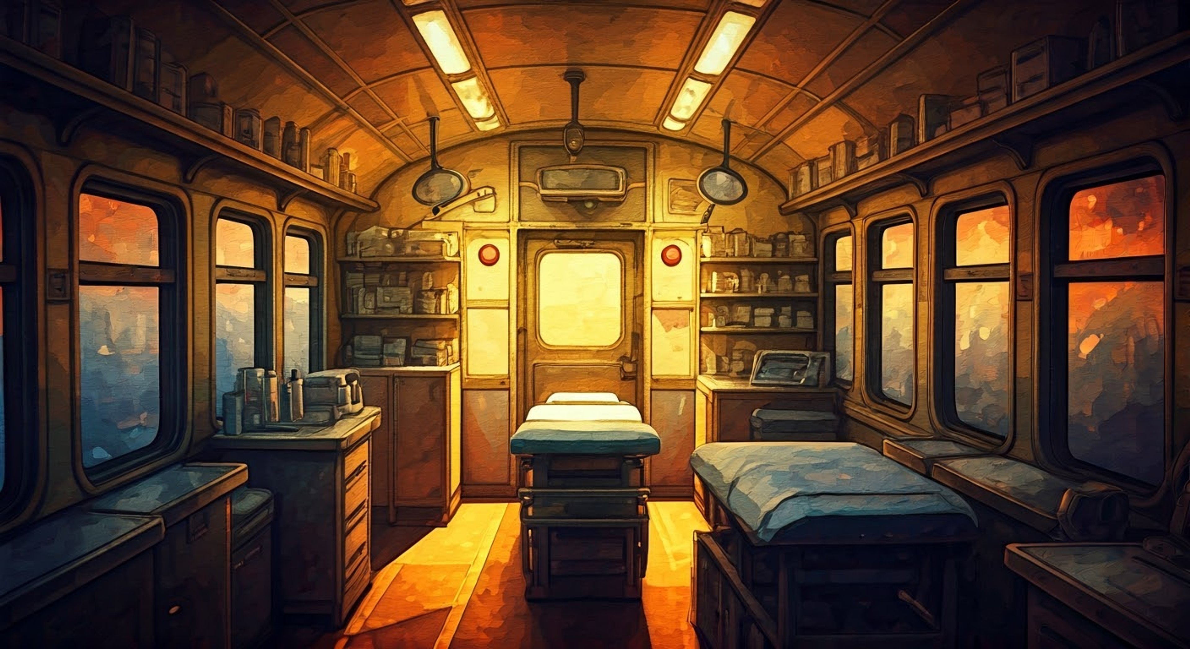 You find yourself aboard the Aurora train seeking medical attention from Katya, the compassionate doctor who escaped a dangerous cult. Her gentle but skilled hands tend to your wounds as she creates a safe space in this harsh radioactive world. The cramped medical bay becomes a sanctuary as she works to heal both body and spirit.