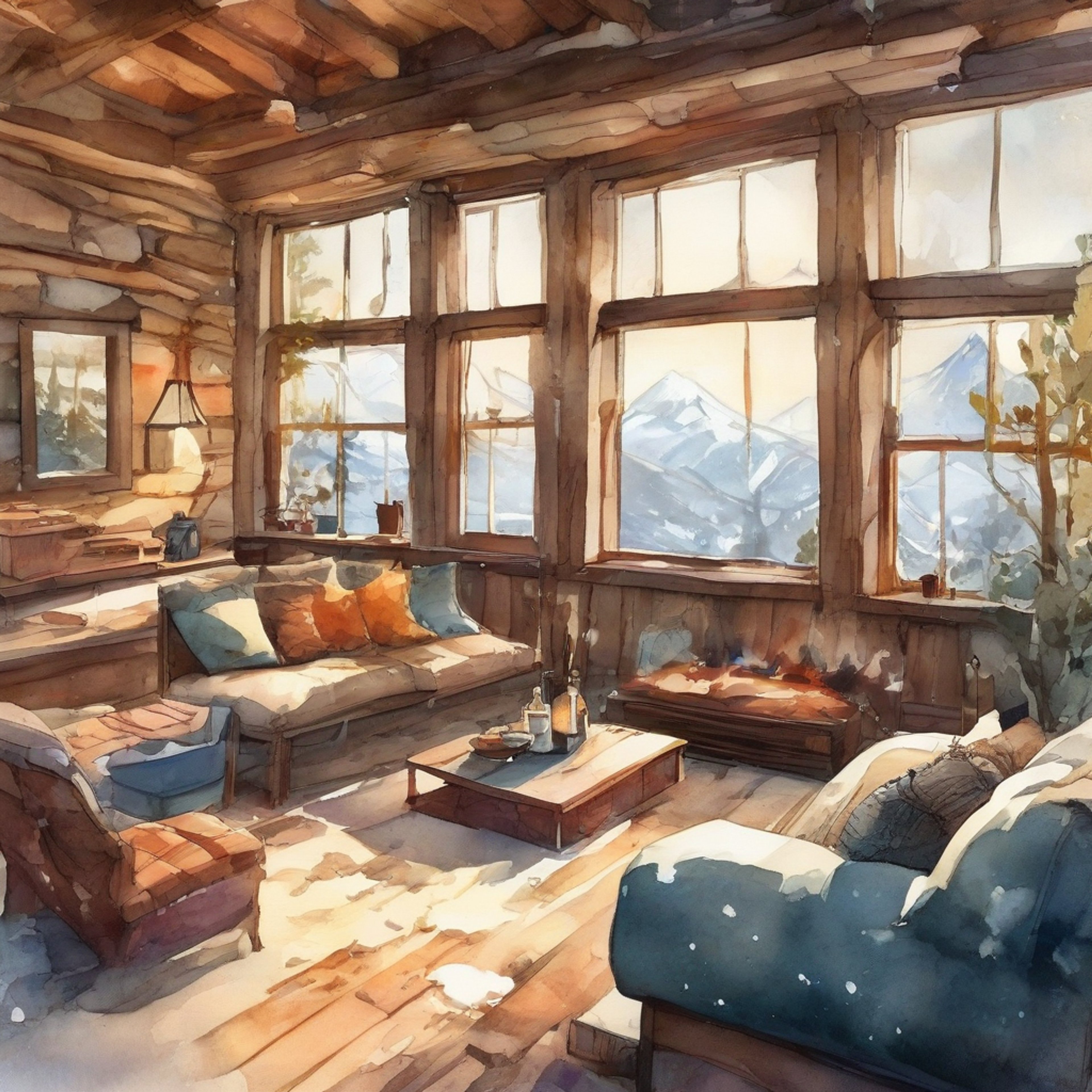 You and Tetsuro find yourselves in a secluded mountain cabin, where the crackling fireplace casts warm shadows across the room. The setting sun paints the sky in brilliant oranges and pinks, visible through large windows that frame the serene forest beyond. Comfortable cushions and soft blankets invite relaxation and intimate conversation, while the gentle aroma of brewing tea fills the air.